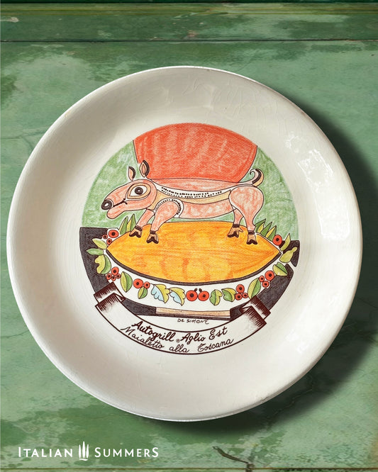 Vintage Autogrill plate by De Simone - Aglio Est Maialetto alla Toscana, 1960s Italian highway memorabilia
