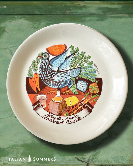 Vintage Autogrill plate by De Simone - Arda Faraona al Brandy, 1970s Italian highway memorabilia
