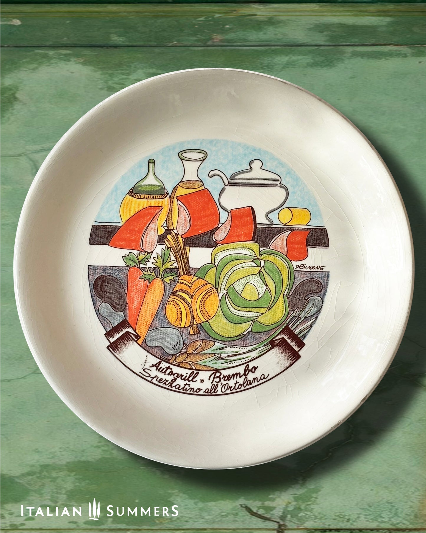 Vintage Autogrill plate by De Simone - Brembo Spezzatino all'Ortolano, 1960s Italian highway memorabilia
