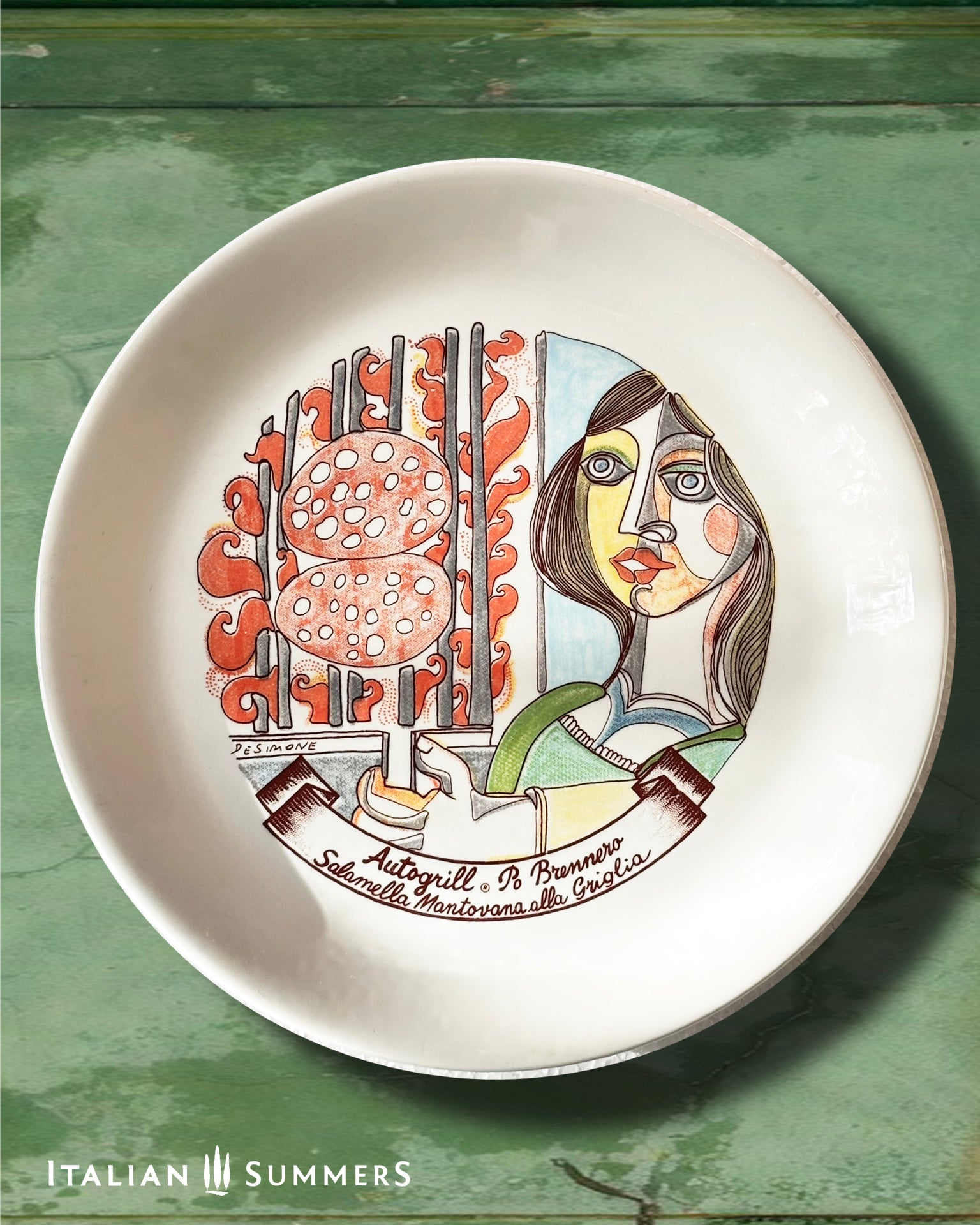 Vintage Autogrill plate by De Simone - Po Brennero Salamella Mantovana alla Griglia, 1960s Italian highway memorabilia
