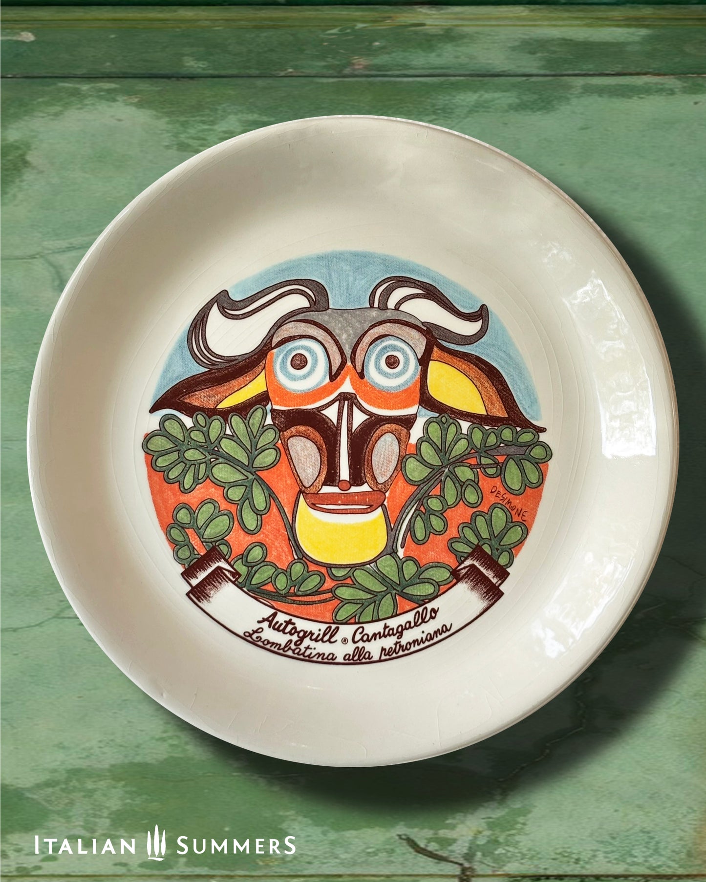 Vintage Autogrill plate by De Simone - Cantagallo Lombatina alla Petroniana, 1960s Italian highway memorabilia
