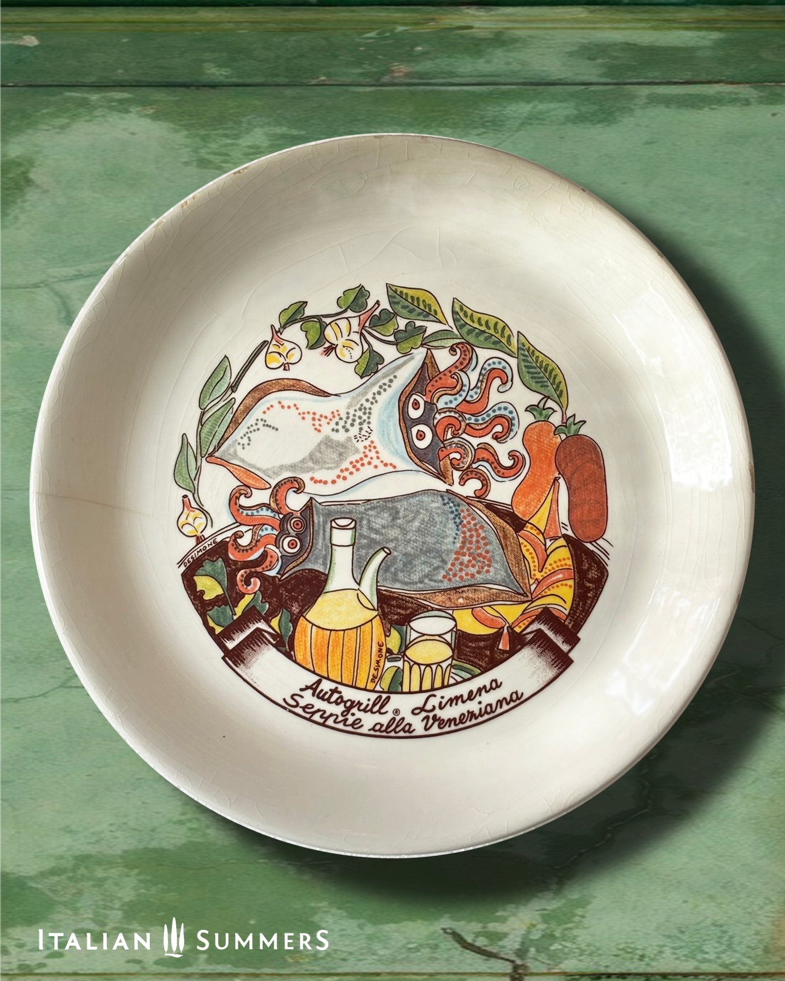 Vintage Autogrill plate by De Simone - Limena Seppie alla Veneziana, 1960s Italian highway memorabilia
