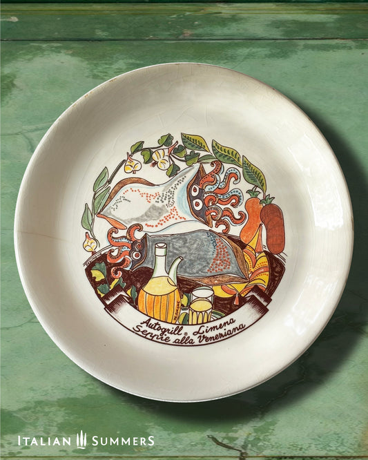 Vintage Autogrill plate by De Simone - Limena Seppie alla Veneziana, 1960s Italian highway memorabilia
