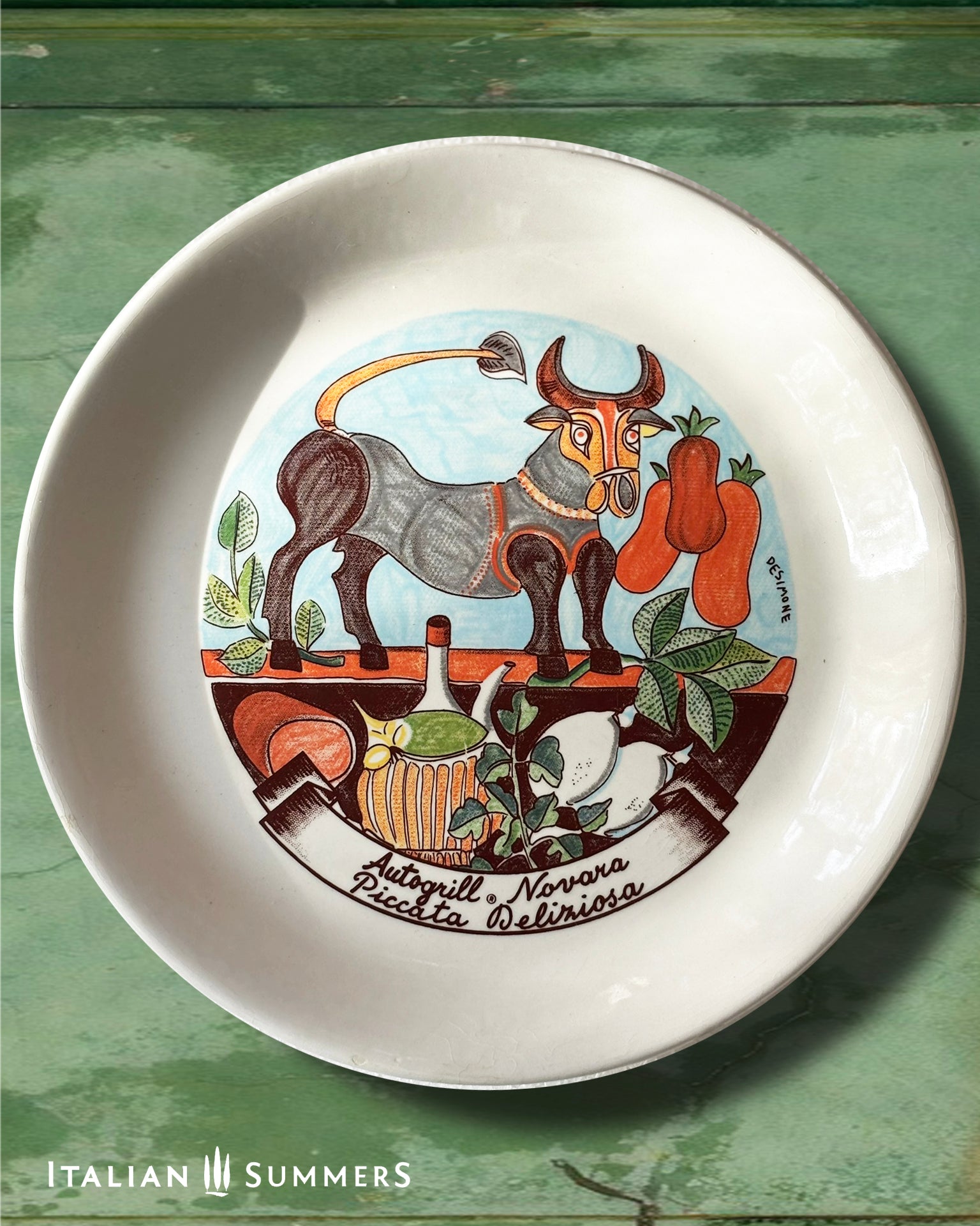 Vintage Autogrill plate by De Simone - Novara Piccata Deliziosa, 1960s Italian highway memorabilia
