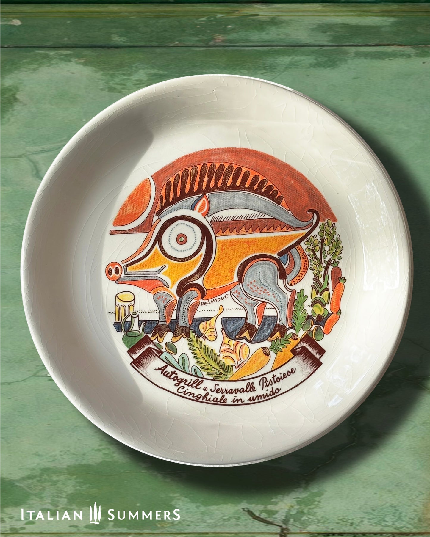 Vintage Autogrill plate by De Simone - Serravalle Pistoiese Cinghiale in Umido, 1960s Italian highway memorabilia
