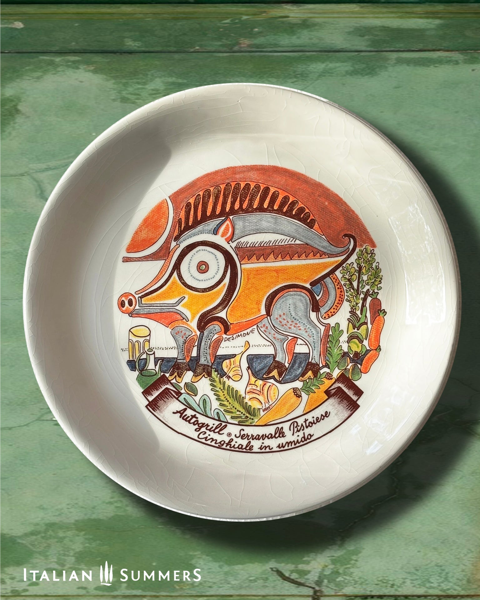 Vintage Autogrill plate by De Simone - Serravalle Pistoiese Cinghiale in Umido, 1960s Italian highway memorabilia
