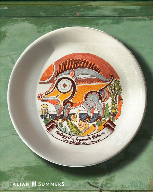 Vintage Autogrill plate by De Simone - Serravalle Pistoiese Cinghiale in Umido, 1960s Italian highway memorabilia
