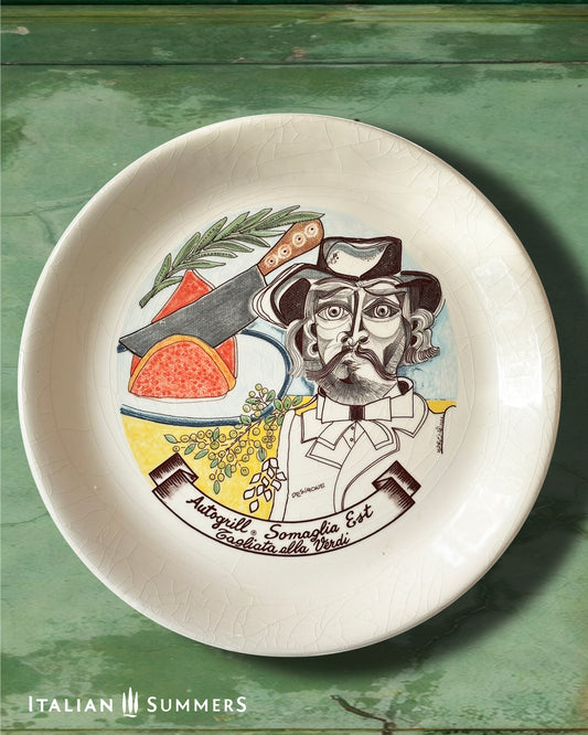 Vintage Autogrill plate by De Simone - Somaglia Est Tagliata alla Verdi, 1960s Italian highway memorabilia
