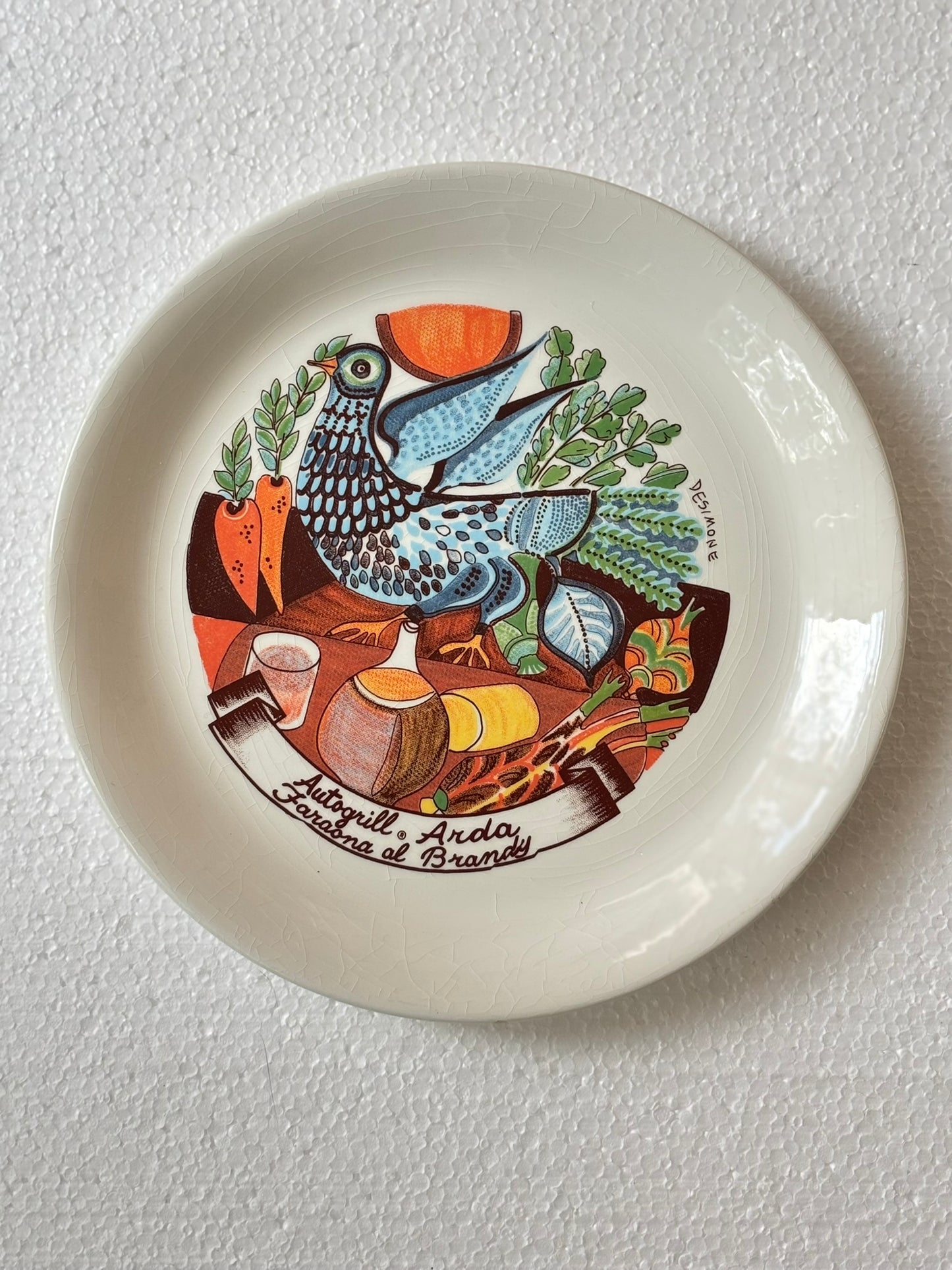 Vintage Autogrill plate by De Simone - Arda Faraona al Brandy, 1970s Italian highway memorabilia