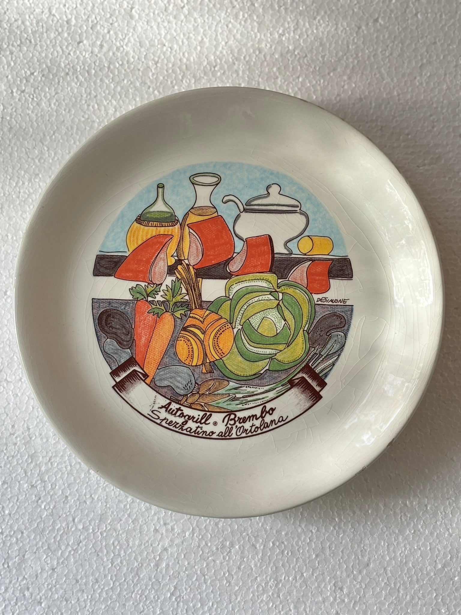Vintage Autogrill plate by De Simone - Brembo Spezzatino all'Ortolano, 1960s Italian highway memorabilia
