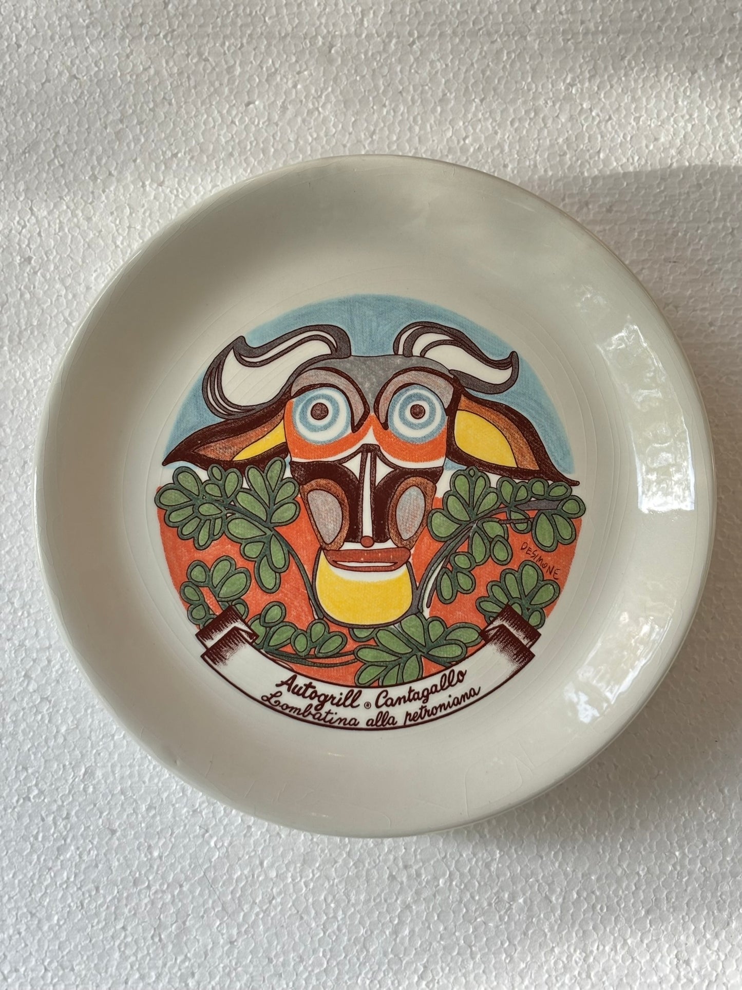 Vintage Autogrill plate by De Simone - Cantagallo Lombatina alla Petroniana, 1960s Italian highway memorabilia
