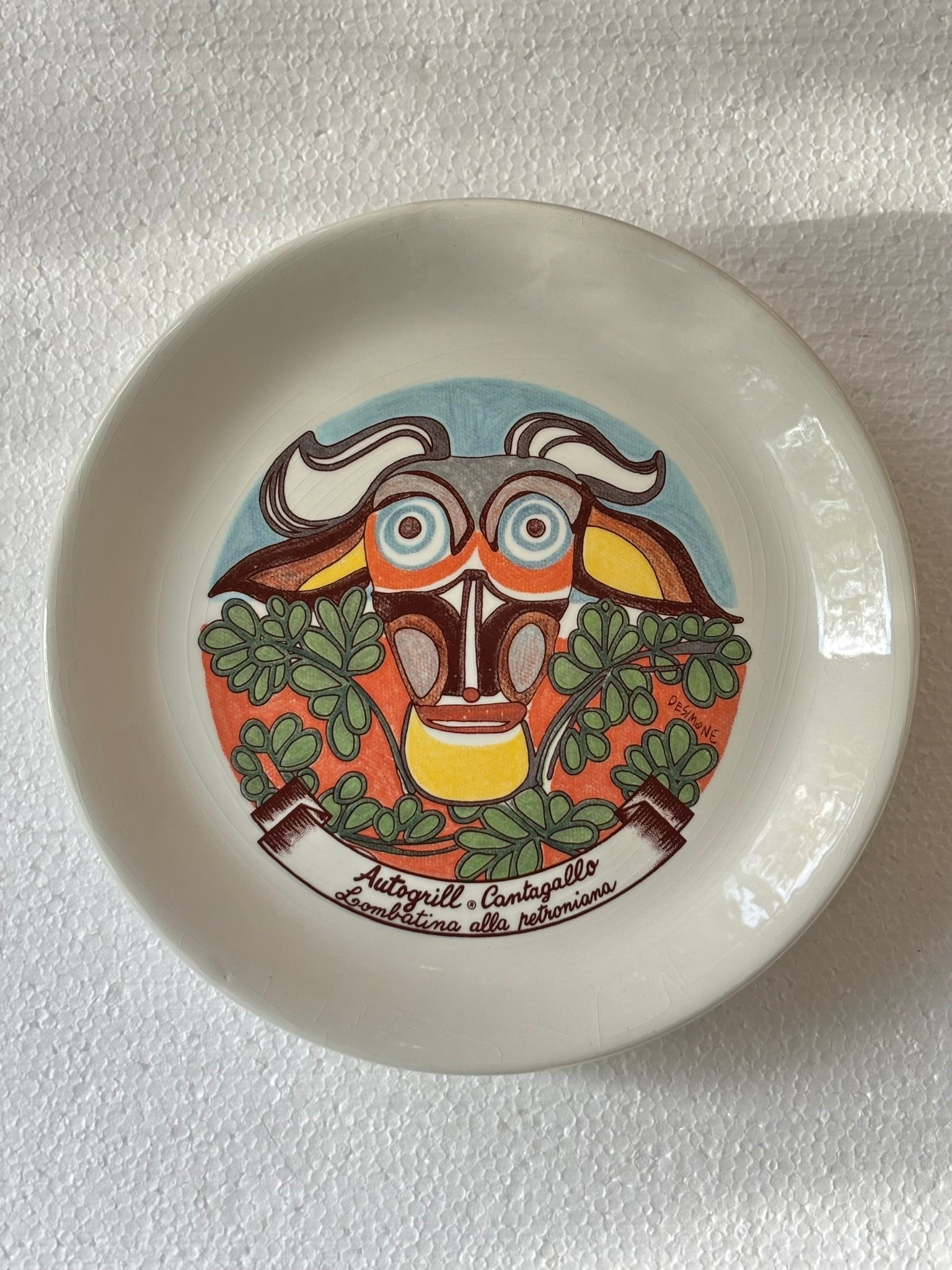 Vintage Autogrill plate by De Simone - Cantagallo Lombatina alla Petroniana, 1960s Italian highway memorabilia
