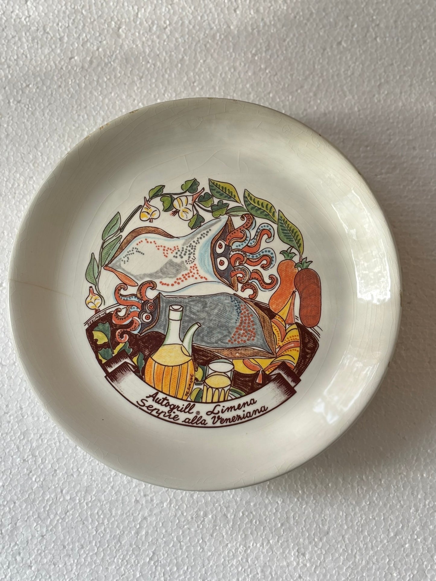 Vintage Autogrill plate by De Simone - Limena Seppie alla Veneziana, 1960s Italian highway memorabilia
