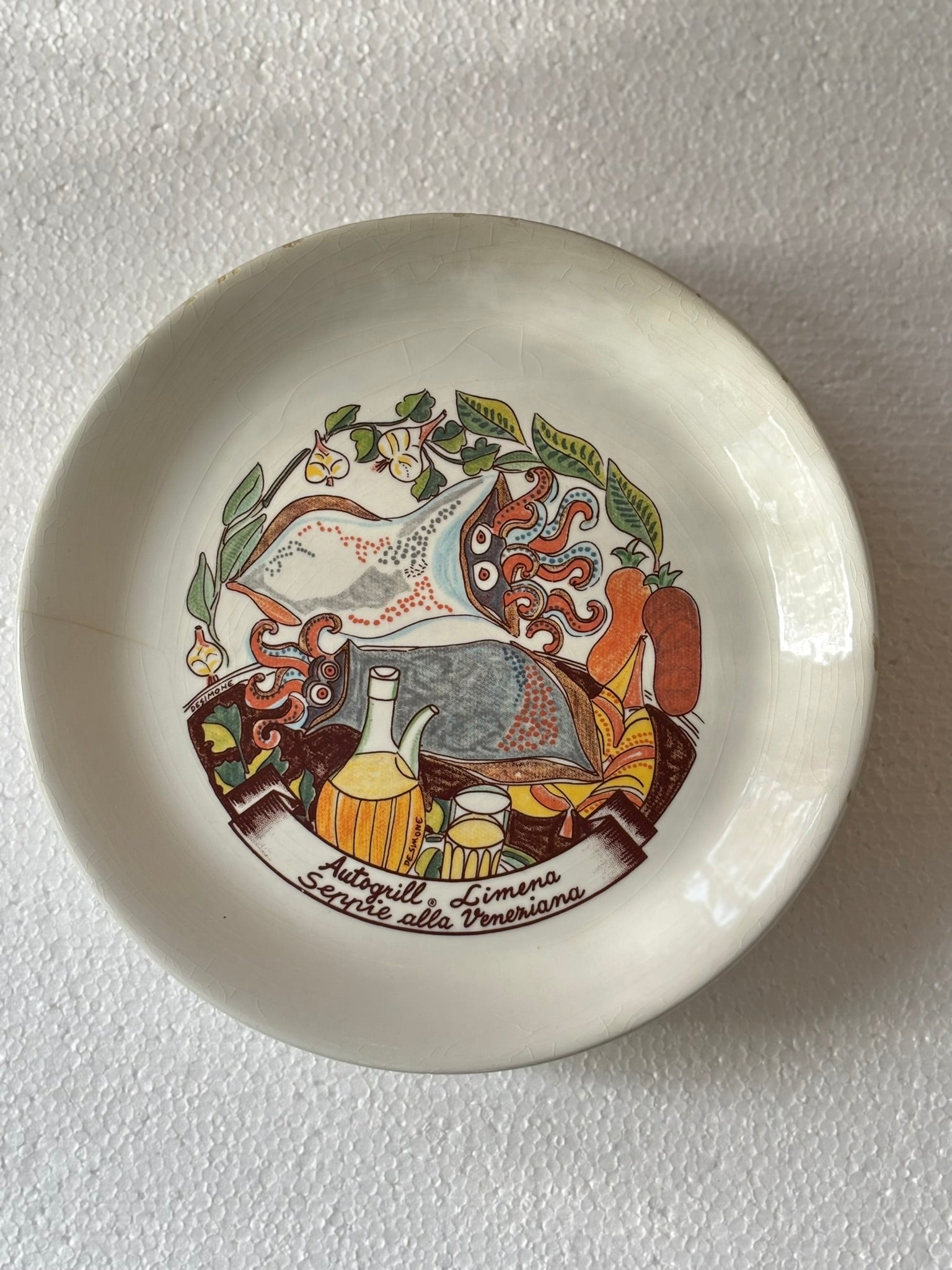 Vintage Autogrill plate by De Simone - Limena Seppie alla Veneziana, 1960s Italian highway memorabilia
