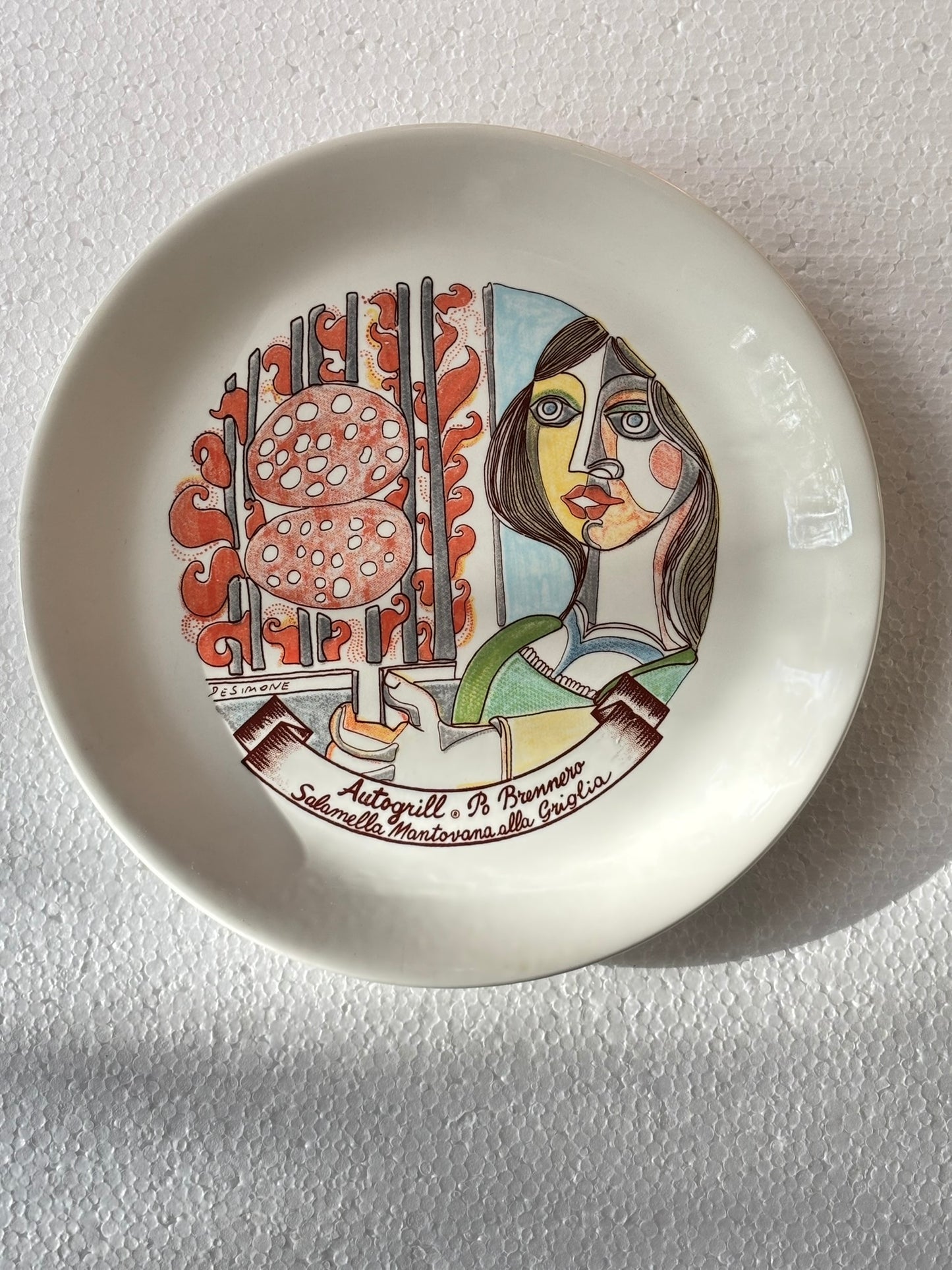 Vintage Autogrill plate by De Simone - Po Brennero Salamella Mantovana alla Griglia, 1960s Italian highway memorabilia
