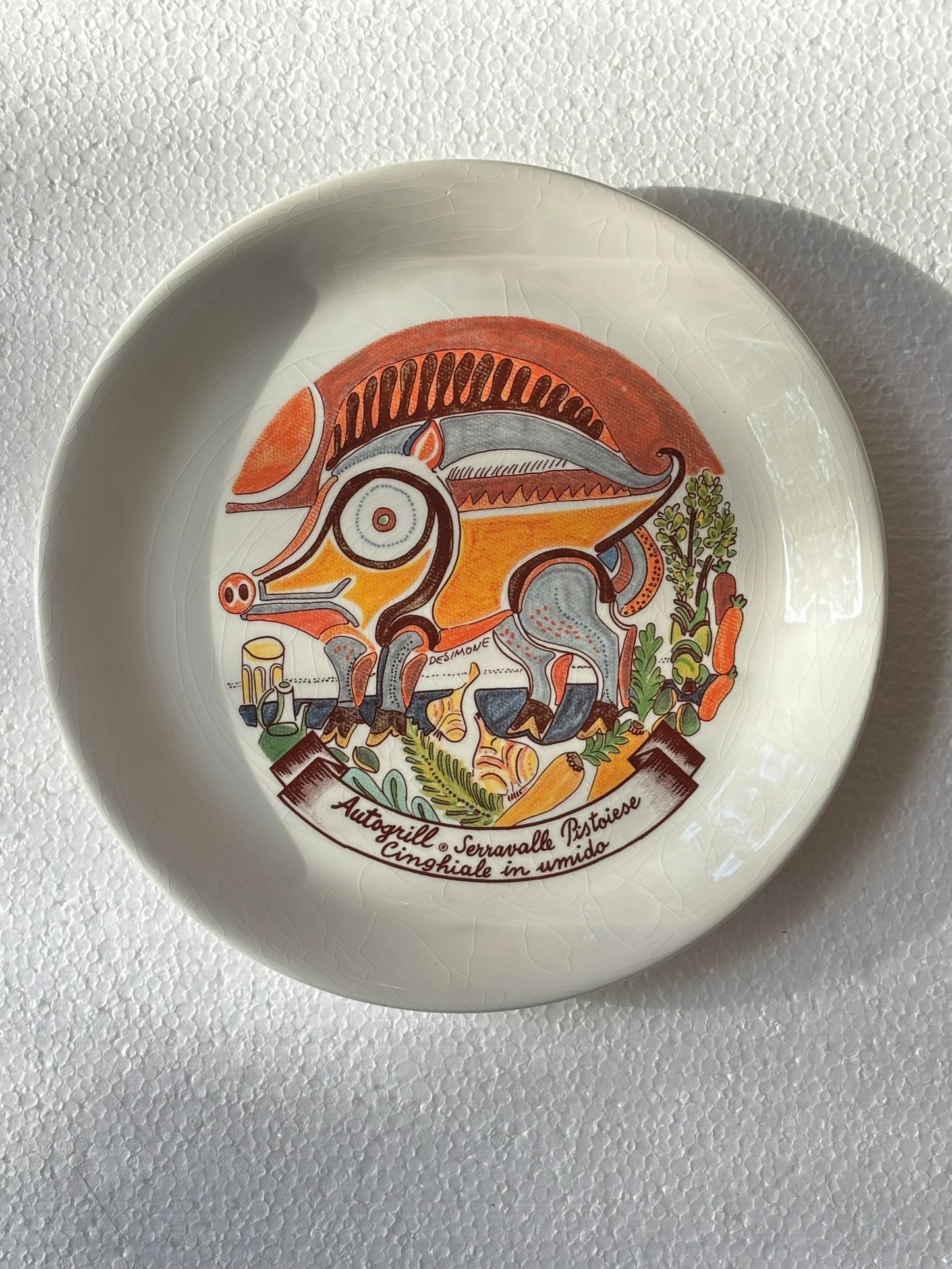 Vintage Autogrill plate by De Simone - Serravalle Pistoiese Cinghiale in Umido, 1960s Italian highway memorabilia
