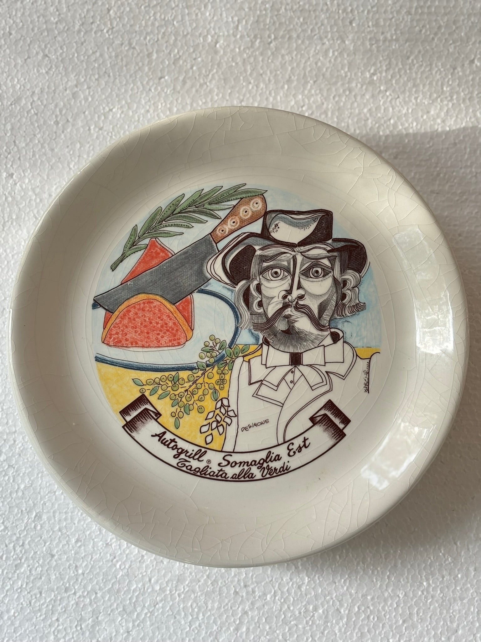 Vintage Autogrill plate by De Simone - Somaglia Est Tagliata alla Verdi, 1960s Italian highway memorabilia
