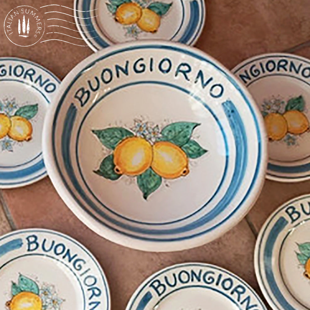 Italy ceramic fruit stand with Amalfi Coast lemons and the greeting Buongiorno . Hand painted in Sicily. Designed and sold by Italian Summers