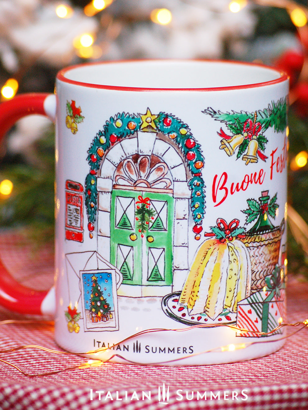 Italy Christmas mug With a charming Italian-inspired design featuring all the traditional trimmings of an Italian Christmas, it'll have you singing "Santa Lucia" in no time! Plus, the quote on the mug reads "Buon Natale in Italy means a Merry Christmas to you", making the perfect gift. Made by Italian Summers copyright by Italian Summers