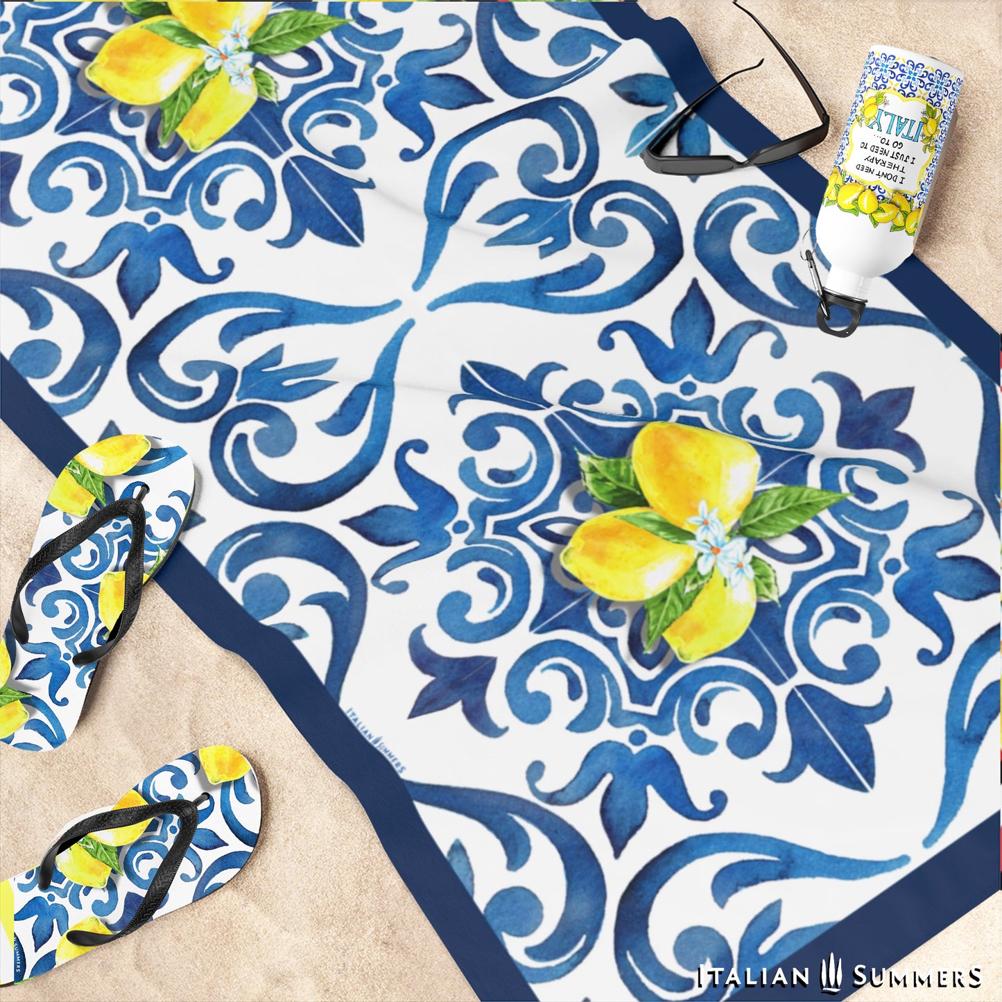 Italy inspired beach towel with a beautiful blue watercolor design of Italian maiolica tiles with bunches  of Sorrento lemons with flowers. made by Italian Summers