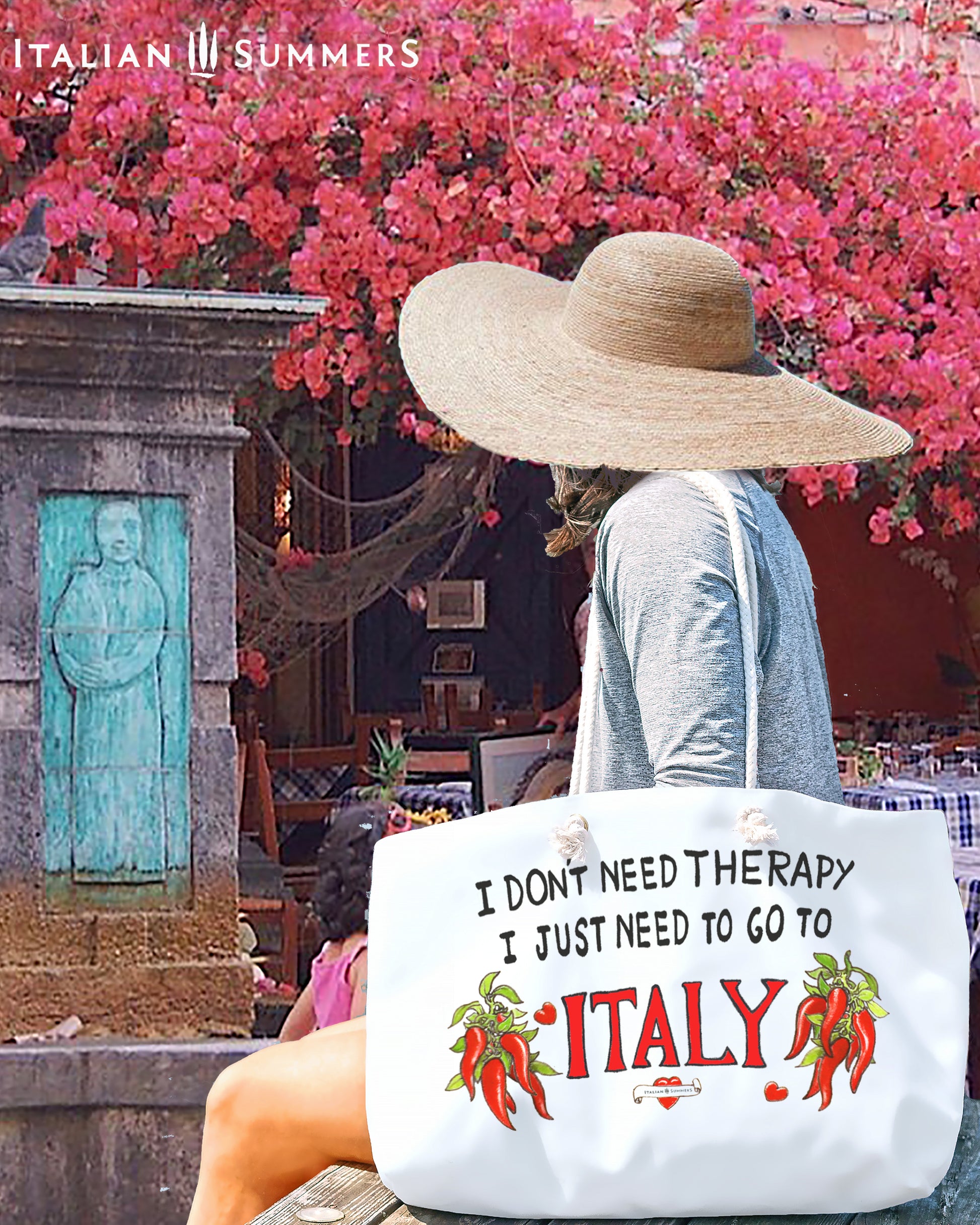 Italy inspired beach bag with the quote I don't need therapy, I just need to go to Italy. The quote is in black hand writing the word Italy is in the color red. On both sides of Italy there is a bunch of peppers. The bag has soft rope handles