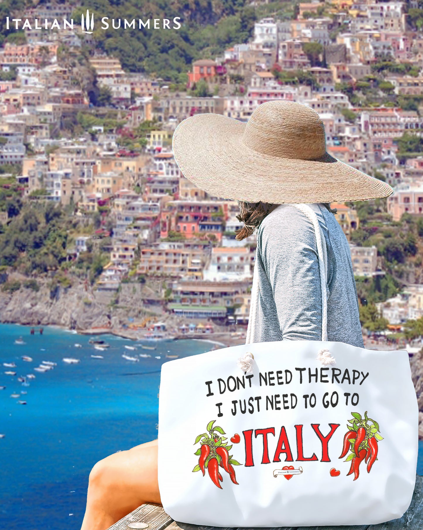Italy inspired beach bag with the quote I don't need therapy, I just need to go to Italy. The quote is in black hand writing the word Italy is in the color red. On both sides of Italy there is a bunch of peppers. The bag has soft rope handles
