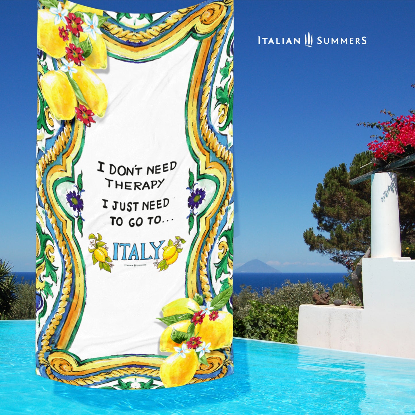 Italy inspired beach towel with a baroque Sicilian maiolica tile design  framing a field of either navy or white  with the quote " I don't need therapy I just need to go to Italy'  made by Italian Summers.