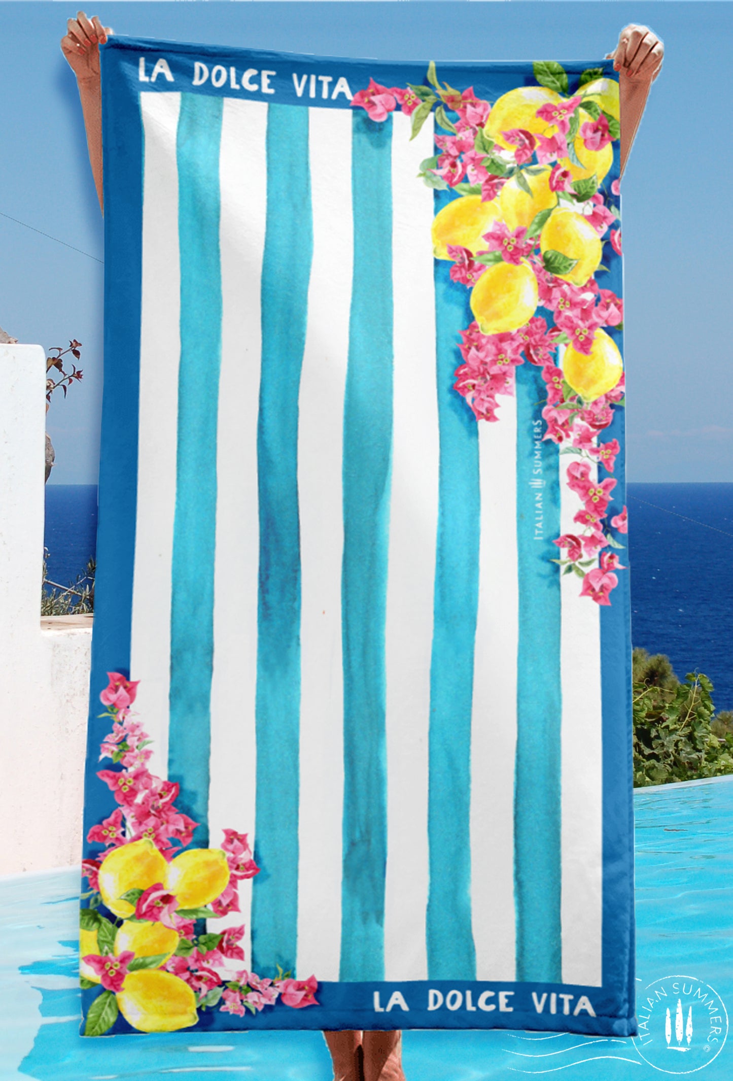 Italy inspired beach towel with a retro design from the 1950s featuring blue and white stripes, bouganvilleas and Sorrento lemons as well as the quote of " La Dolce Vita". Made by Italian Summers