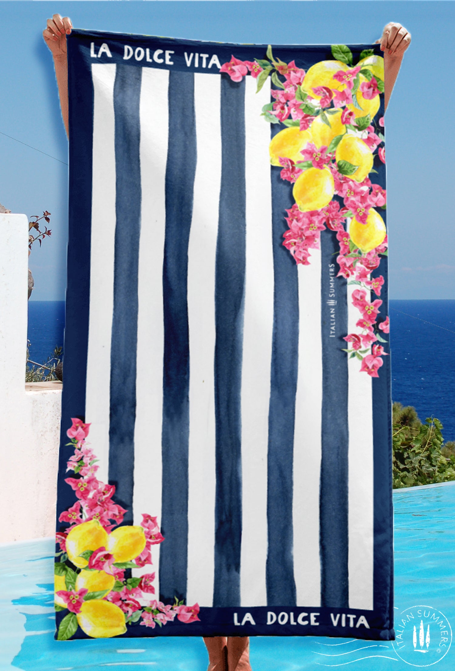 Italy inspired beach towel with a retro design from the 1950s featuring blue and white stripes, bouganvilleas and Sorrento lemons as well as the quote of " La Dolce Vita". Made by Italian Summers