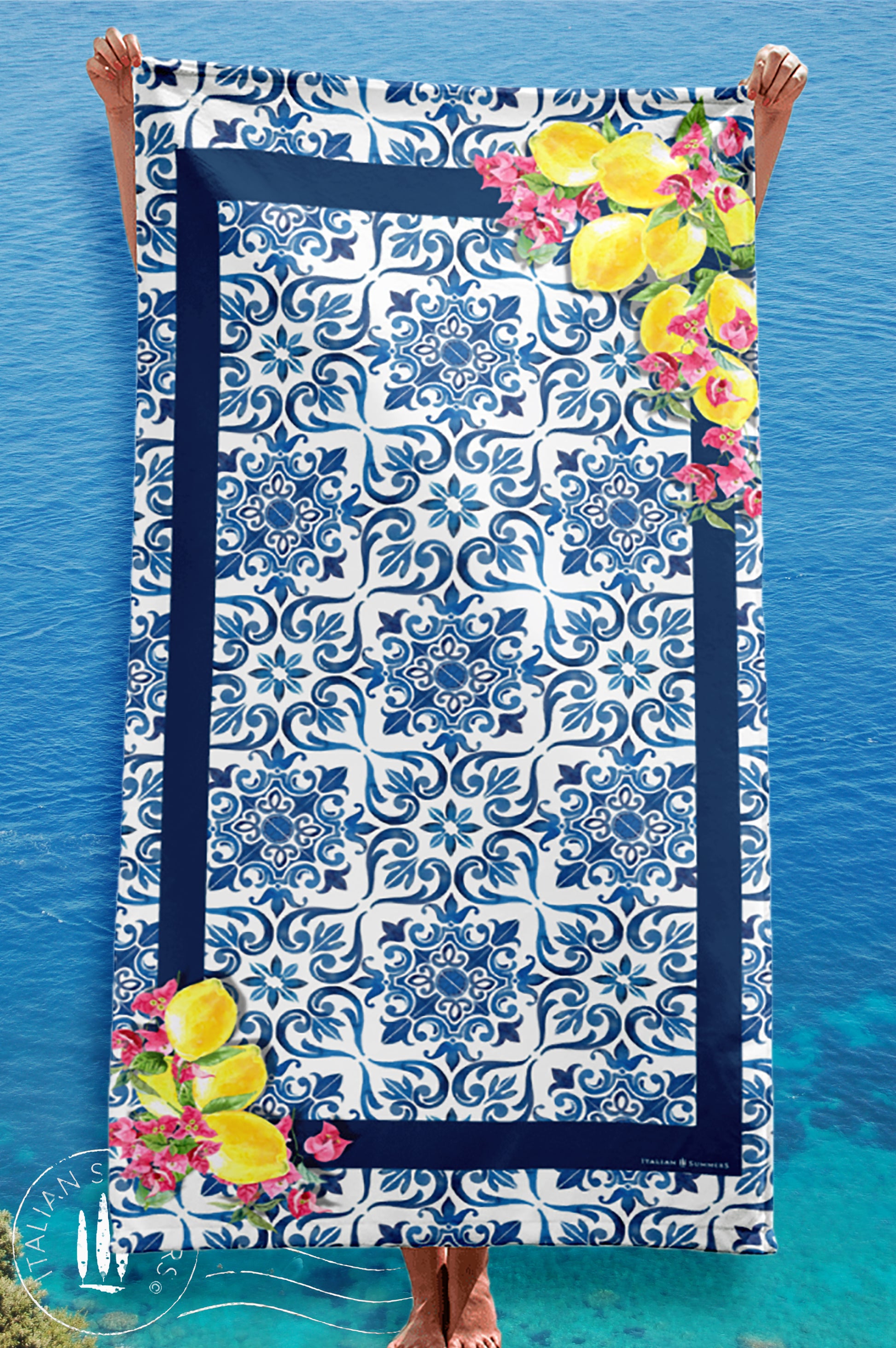 Italy inspired beach towel with blue hand painted maiolica tile design and Sorrento Lemons and bougainvillea fowers. Made by Italian Summers