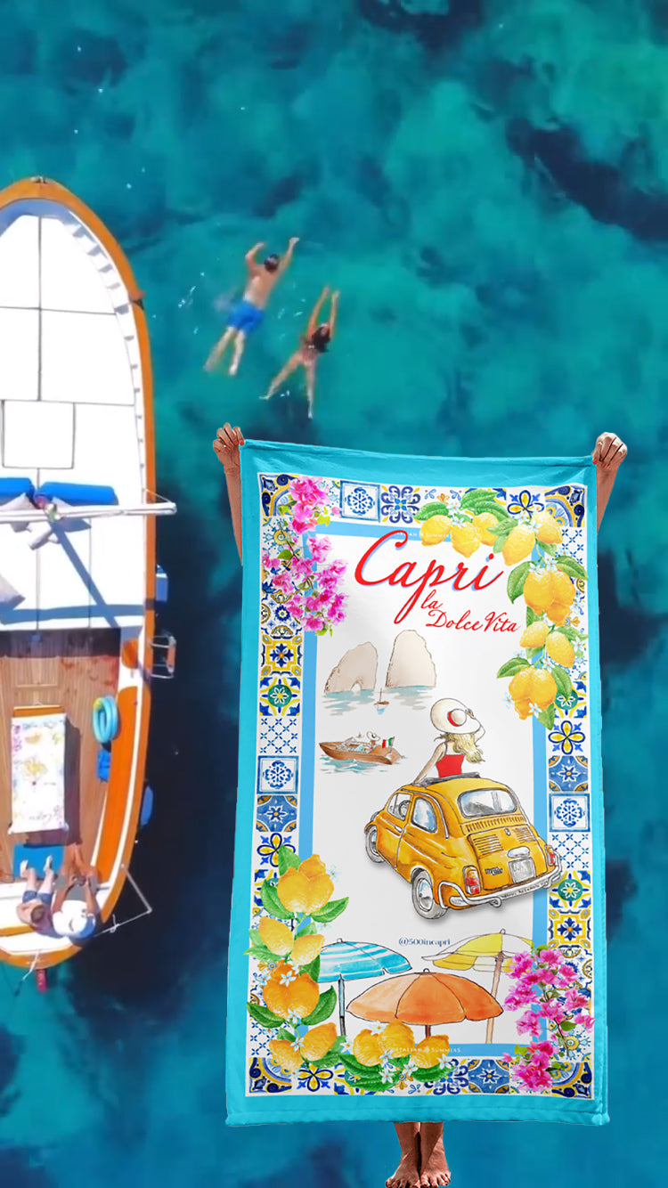Capri Beach Towel | Capri La Dolce Vita, Capri island, Capri tour, Fiat 500, Capri traveller, Capri moments, Capri Italy, Capri memories