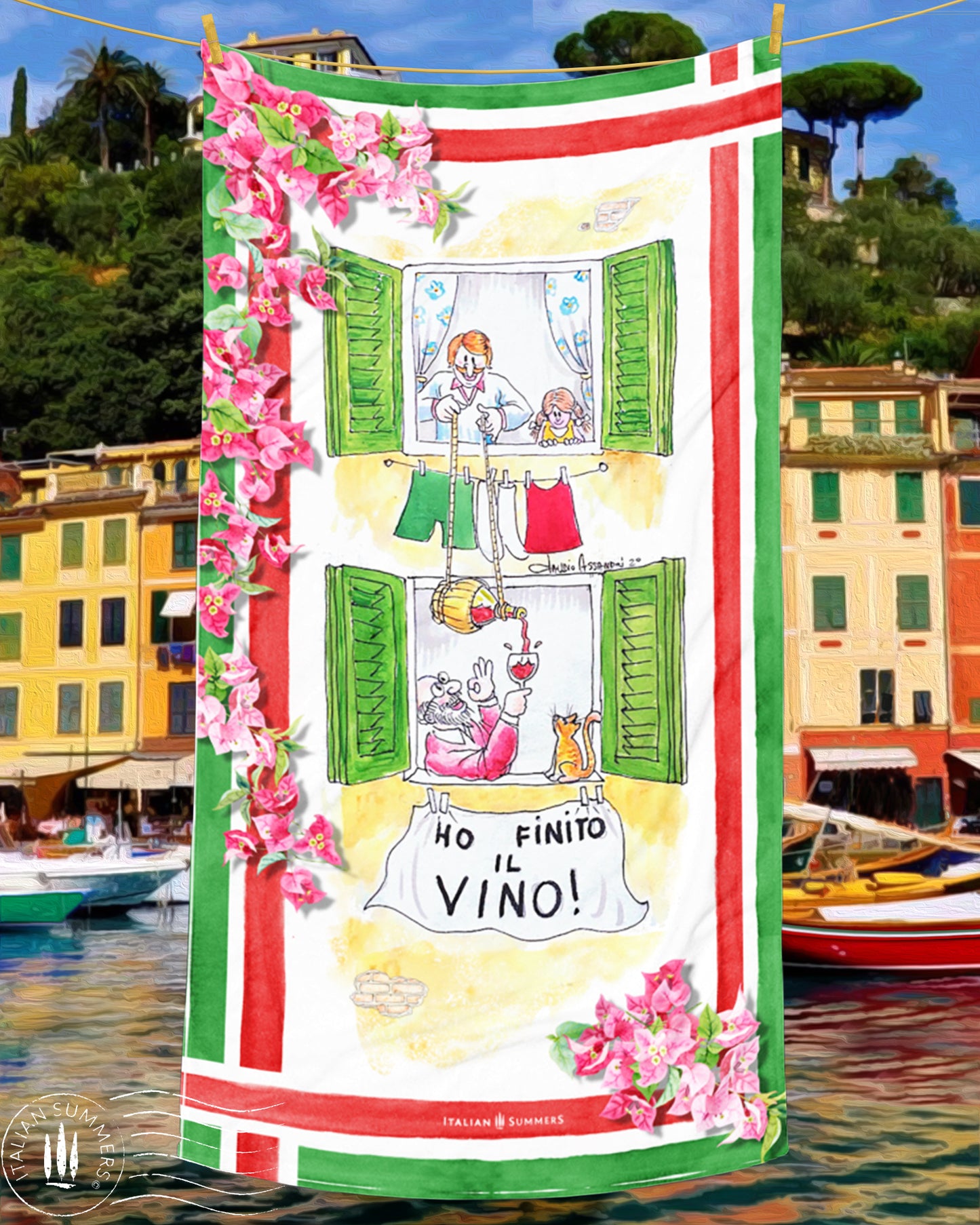 Italy inspired beachtowel depicting a hand painted illustration of an Italian dad with his small daughter at their window, lowering a flask of good Chianti wine on a rope to serve their downstairs neighbor who ran out of wine during the 2020 lockdown. Italian solidarity at play! Made by Italian Summers