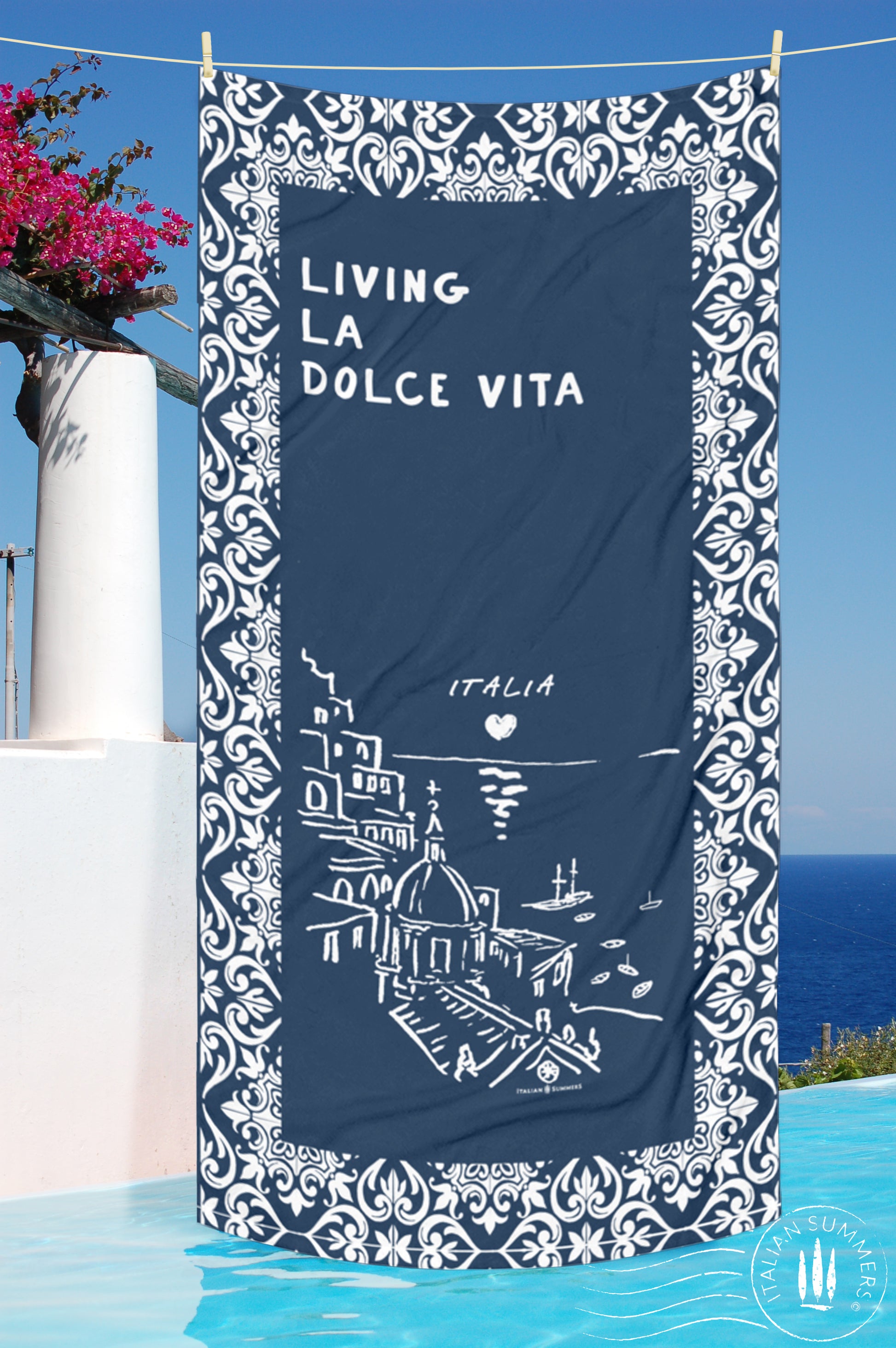 Sunny and bright this beach towel is sure to bring more than a smile with its sketch of Amalfi Coast's jewel Positano and Italian Tiles!