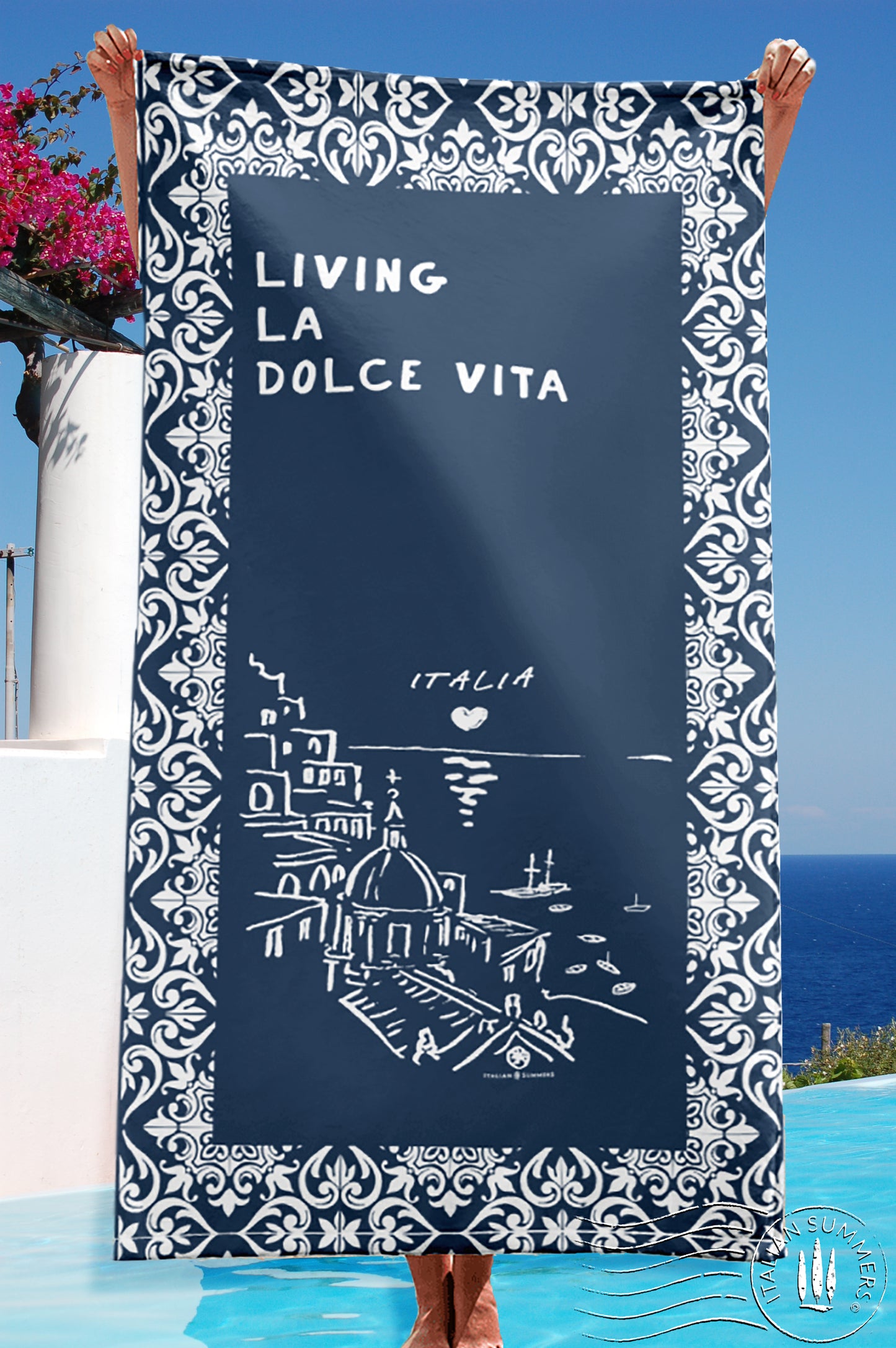 Sunny and bright this beach towel is sure to bring more than a smile with its sketch of Amalfi Coast's jewel Positano and Italian Tiles!