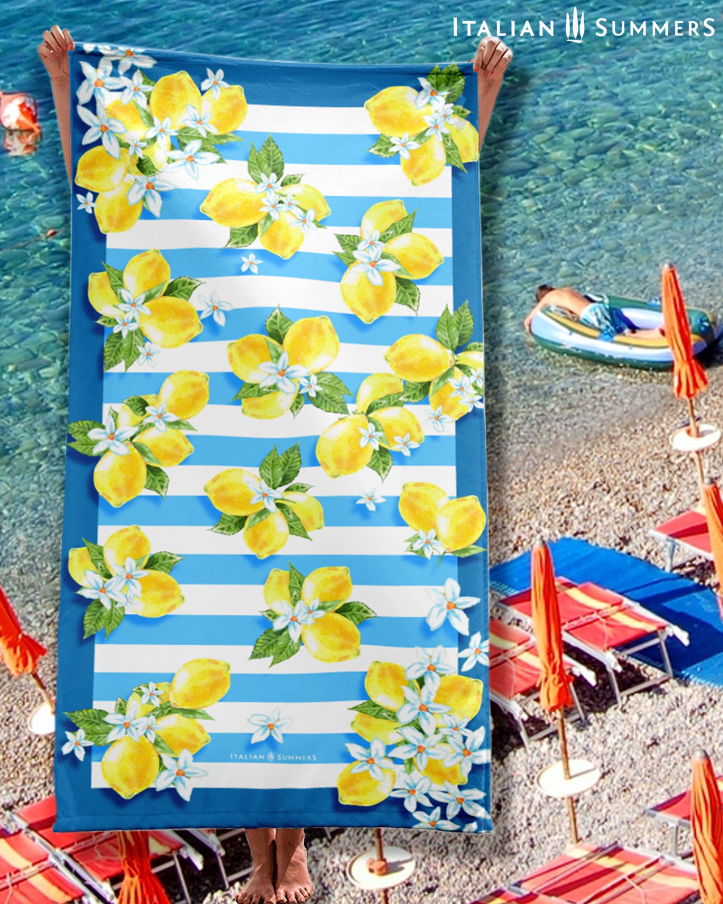 Italy inspired beach towel is for all lovers of Italy. Printed with Sorrento lemons and flowers over aqua blue stripes with a frame of azure blue, Italian beach lovers, Spa lovers, infinity pool lovers and simply Italy lovers!