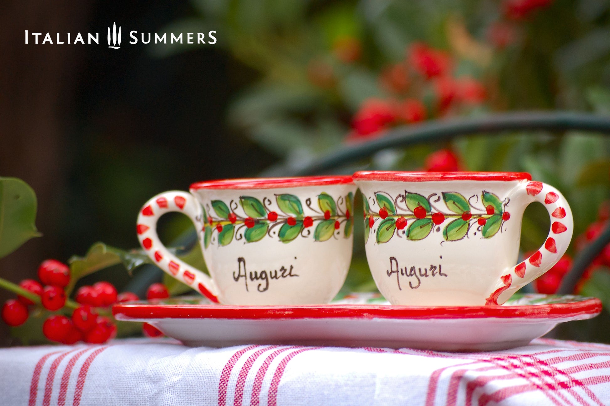 Italian Christmas Espresso cups and tray set, Italian Maiolica, handcrafted in Sicily, Italian gift, Buon natale, Italy Christmas gift by Italian Summers. the cups have the word Auguri and the tray has the word Buon Natale