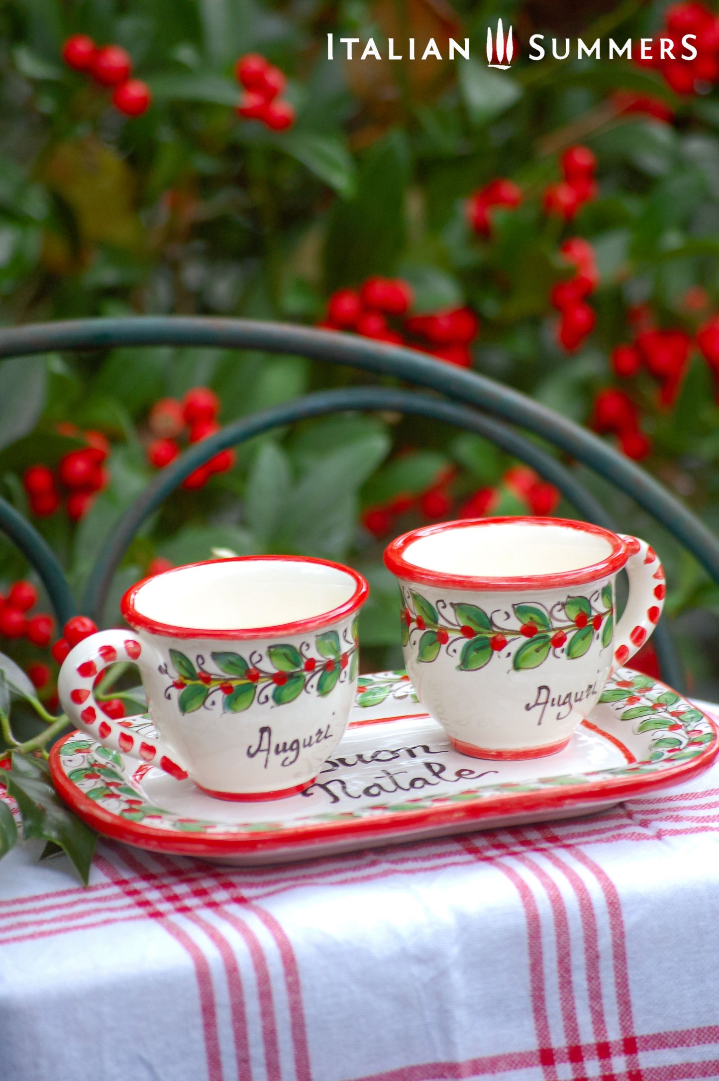 Italian Ceramic Espresso Set - 'Auguri' Cups & 'Buon Natale' Tray, Sicily, Italian Christmas Espresso cups and tray set, Italian Maiolica, handcrafted in Sicily, Italian gift, Buon natale, Italy Christmas gift
