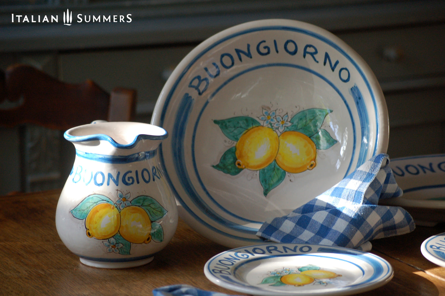 Italy ceramic fruit stand with Amalfi Coast lemons and the greeting Buongiorno . Hand painted in Sicily. Designed and sold by Italian Summers