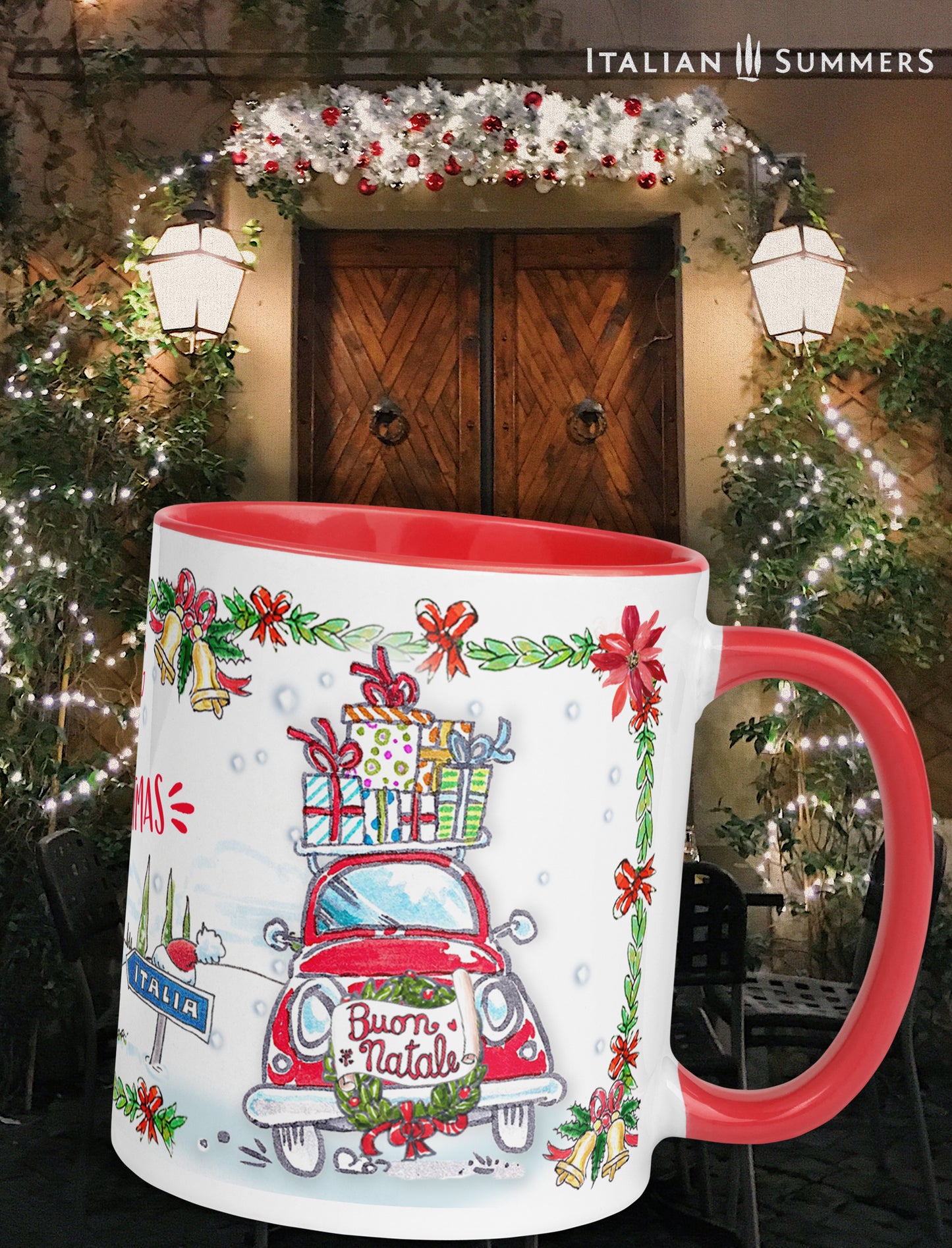 Italy Christmas mug with a red vintage Fiat 500 with presents on top and a writing Buon Natale, a little Tuscan village in the distance and the writing Drivng home for Christmas. Designed and sold by Italian Summers