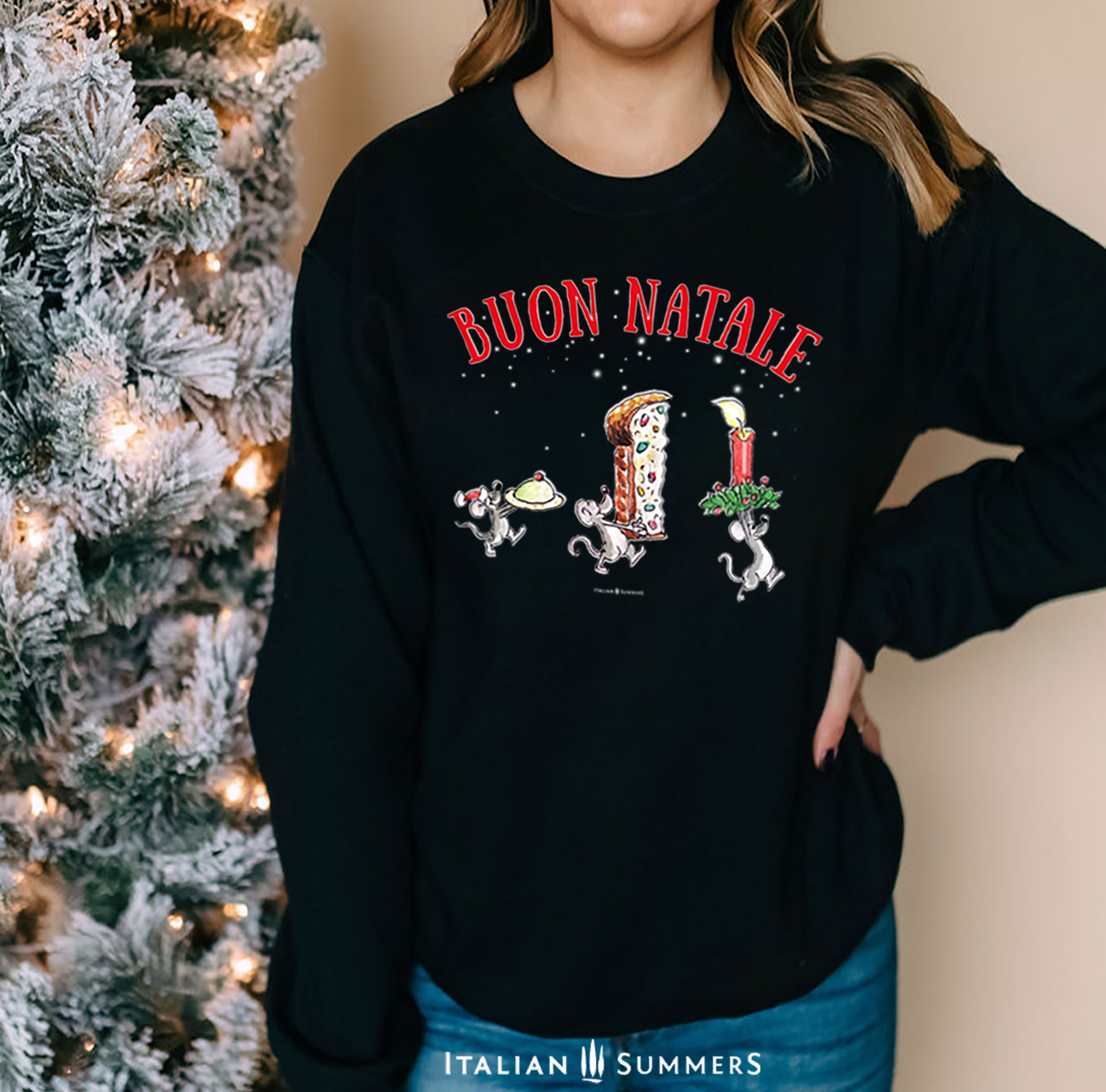 An Italy-inspired Christmas sweatshirt! Three Merry Italian Mice prance back to their cubby-hole to enjoy a Sicilian Cassatina and a slice of Panettone. This happy Italy-inspired Christmas sweatshirt is cozy and soft.