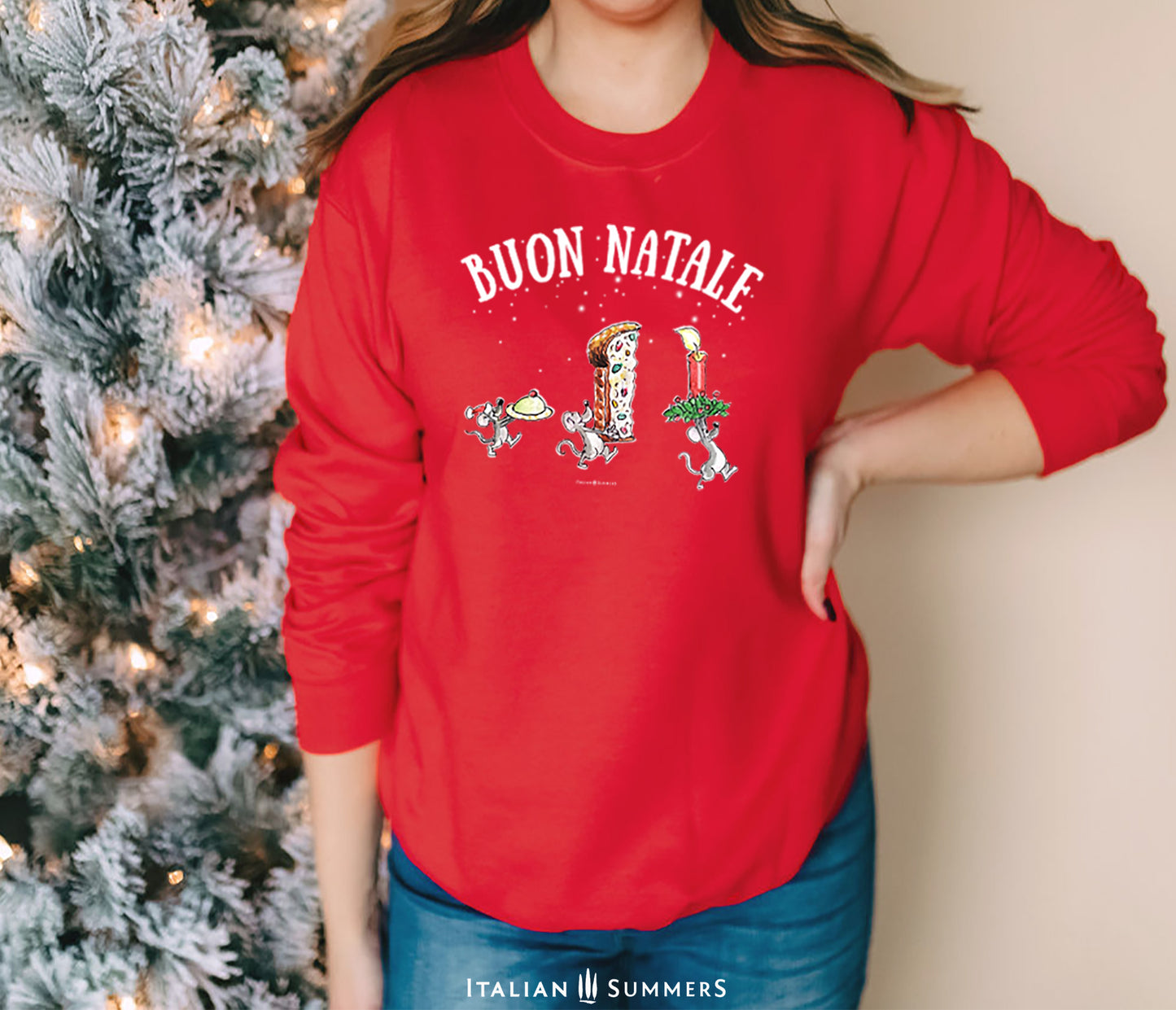An Italy-inspired Christmas sweatshirt! Three Merry Italian Mice prance back to their cubby-hole to enjoy a Sicilian Cassatina and a slice of Panettone. This happy Italy-inspired Christmas sweatshirt is cozy and soft.