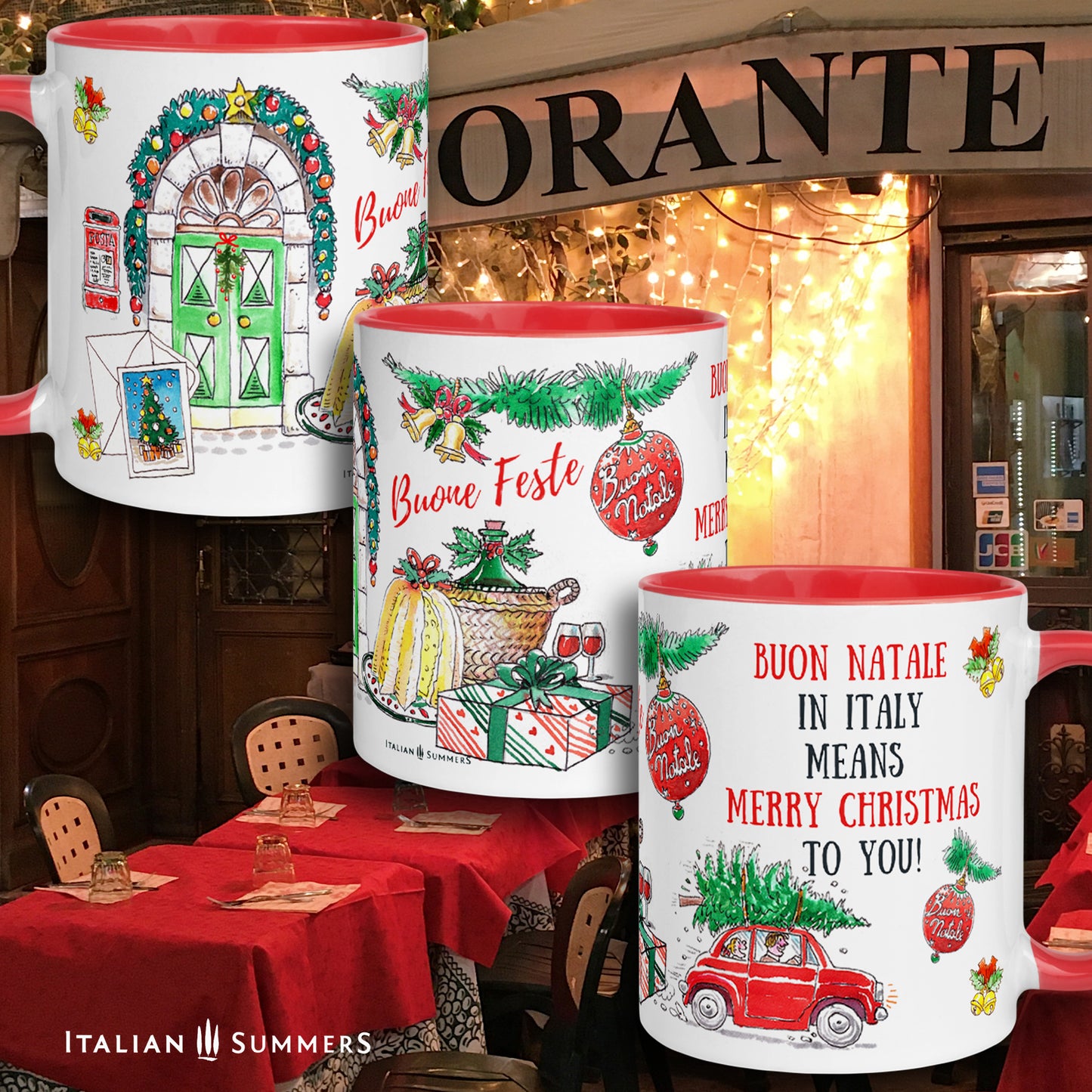 Italy Christmas mug With a charming Italian-inspired design featuring all the traditional trimmings of an Italian Christmas, it'll have you singing "Santa Lucia" in no time! Plus, the quote on the mug reads "Buon Natale in Italy means a Merry Christmas to you", making the perfect gift. Made by Italian Summers copyright by Italian Summers