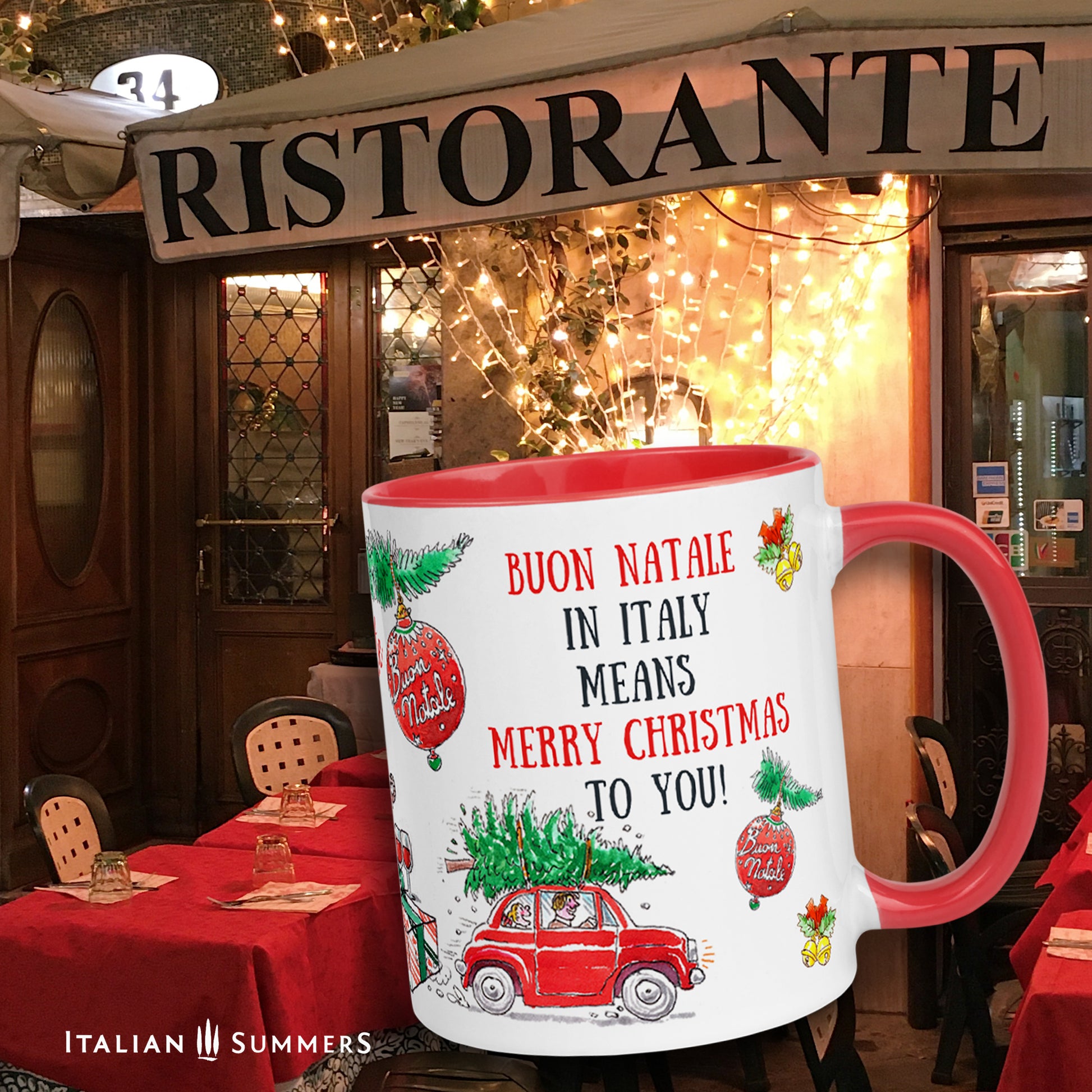 Italy Christmas mug With a charming Italian-inspired design featuring all the traditional trimmings of an Italian Christmas, it'll have you singing "Santa Lucia" in no time! Plus, the quote on the mug reads "Buon Natale in Italy means a Merry Christmas to you", making the perfect gift. Made by Italian Summers copyright by Italian Summers