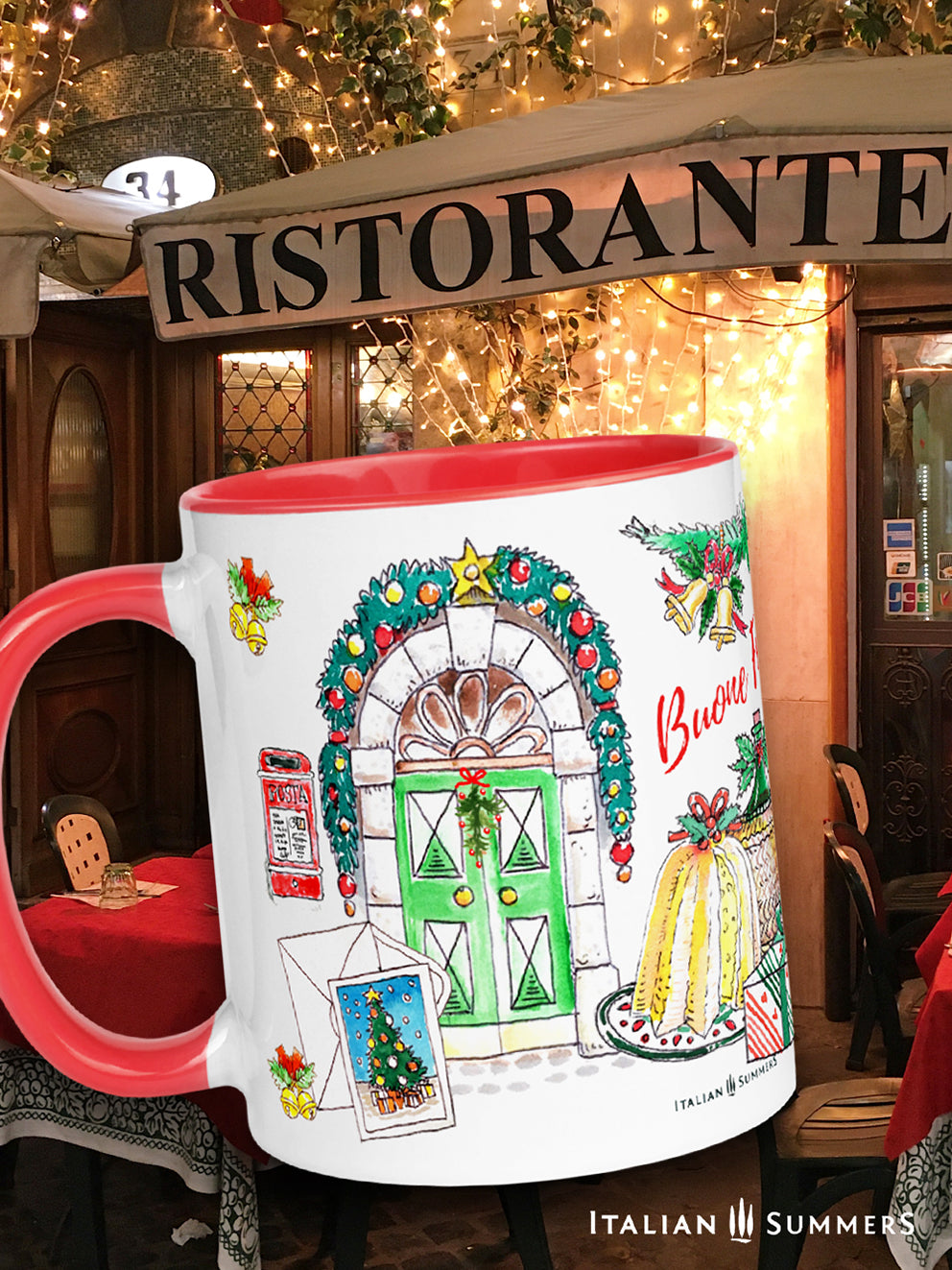 Italy Christmas mug With a charming Italian-inspired design featuring all the traditional trimmings of an Italian Christmas, it'll have you singing "Santa Lucia" in no time! Plus, the quote on the mug reads "Buon Natale in Italy means a Merry Christmas to you", making the perfect gift. Made by Italian Summers copyright by Italian Summers