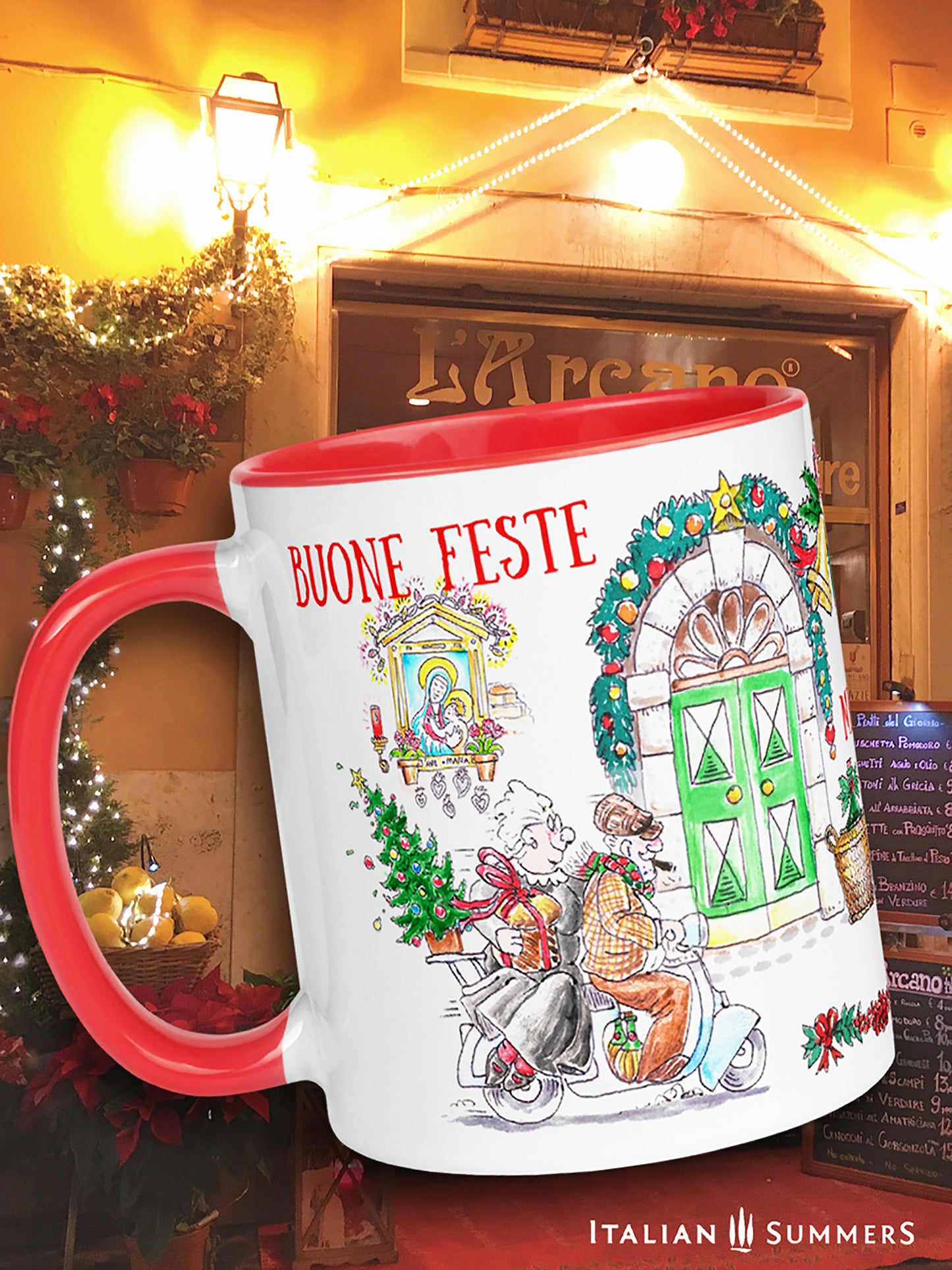 Italian Christmas mug! From Santa driving his Fiat 500 to nonno and nonna cruising the town on their vintage vespa, this mug lets you transport the warm and cozy atmosphere of an Italian Christmas tradition. Made by  Italian Summers.