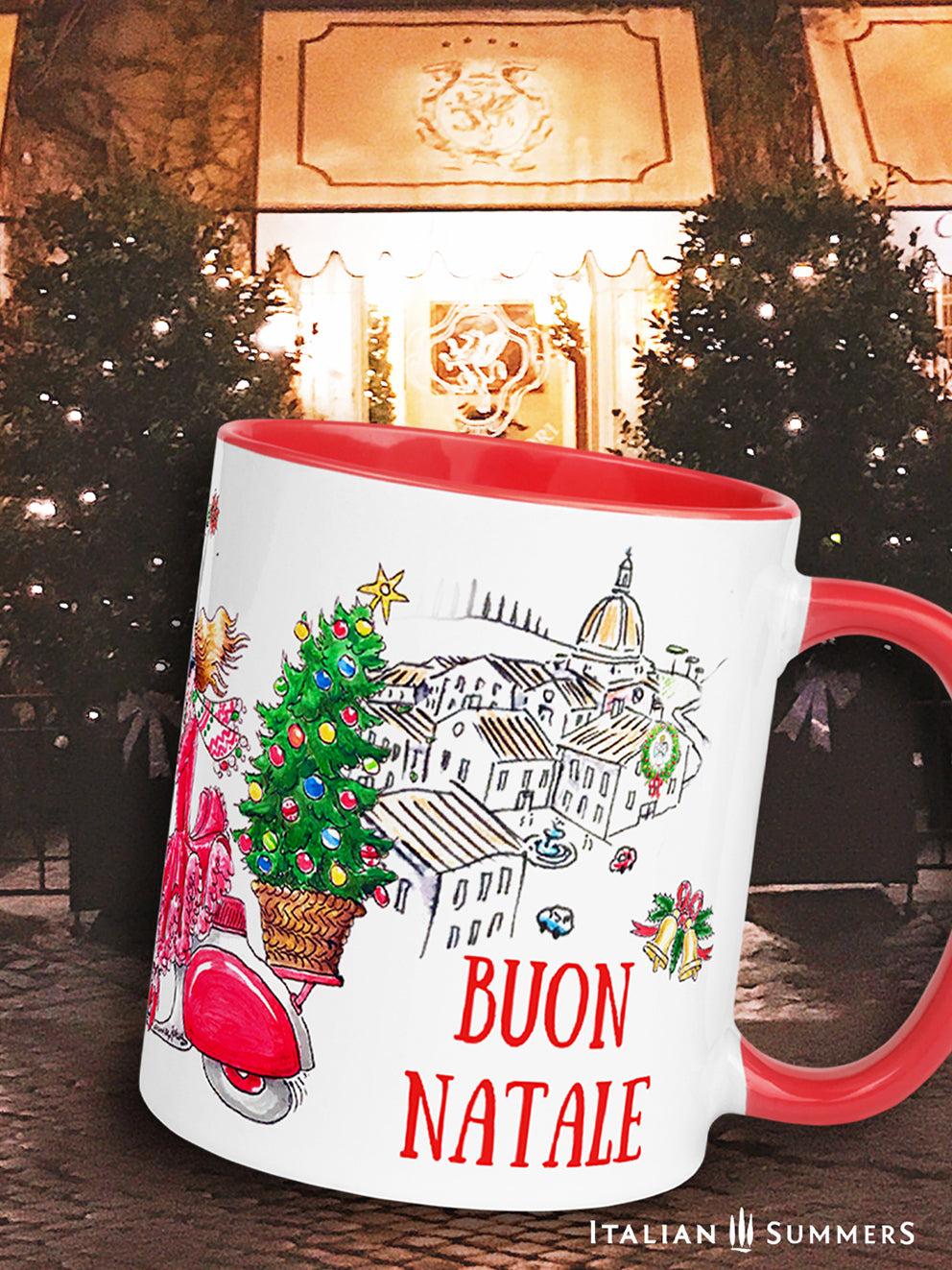 Italy Christmas mug featuring a red-dressed lady riding a vintage Vespa with her Christmas tree through a picturesque Italian landscape. Made by Italian Summers Copyright material