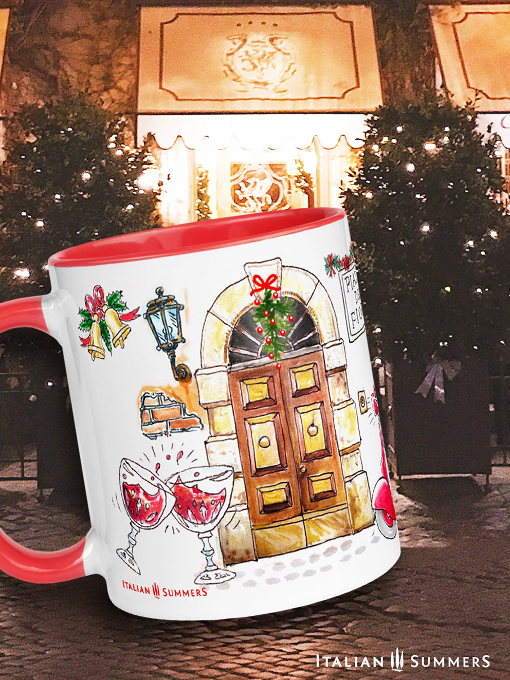 Italy Christmas mug featuring a red-dressed lady riding a vintage Vespa with her Christmas tree through a picturesque Italian landscape. Made by Italian Summers Copyright material