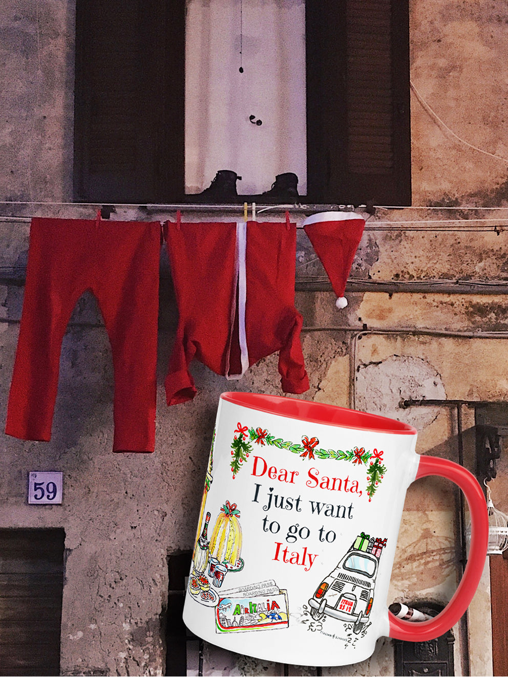 Italy Christmas mug Dear Santa, I just want to go to Italy. This cute mug represents sketches of a vintage Cinquecento seen from the back with presents on the roof, a ticket to Italy, Italian panettone, a book about Italy to cuddle up in front of the fireplace, a flask of good chianti wine, Italian presents and of course our best seller bag "I don't need therapy, I just need to got to Italy". Buon Natale :-)  Made with amore by Italian Summers