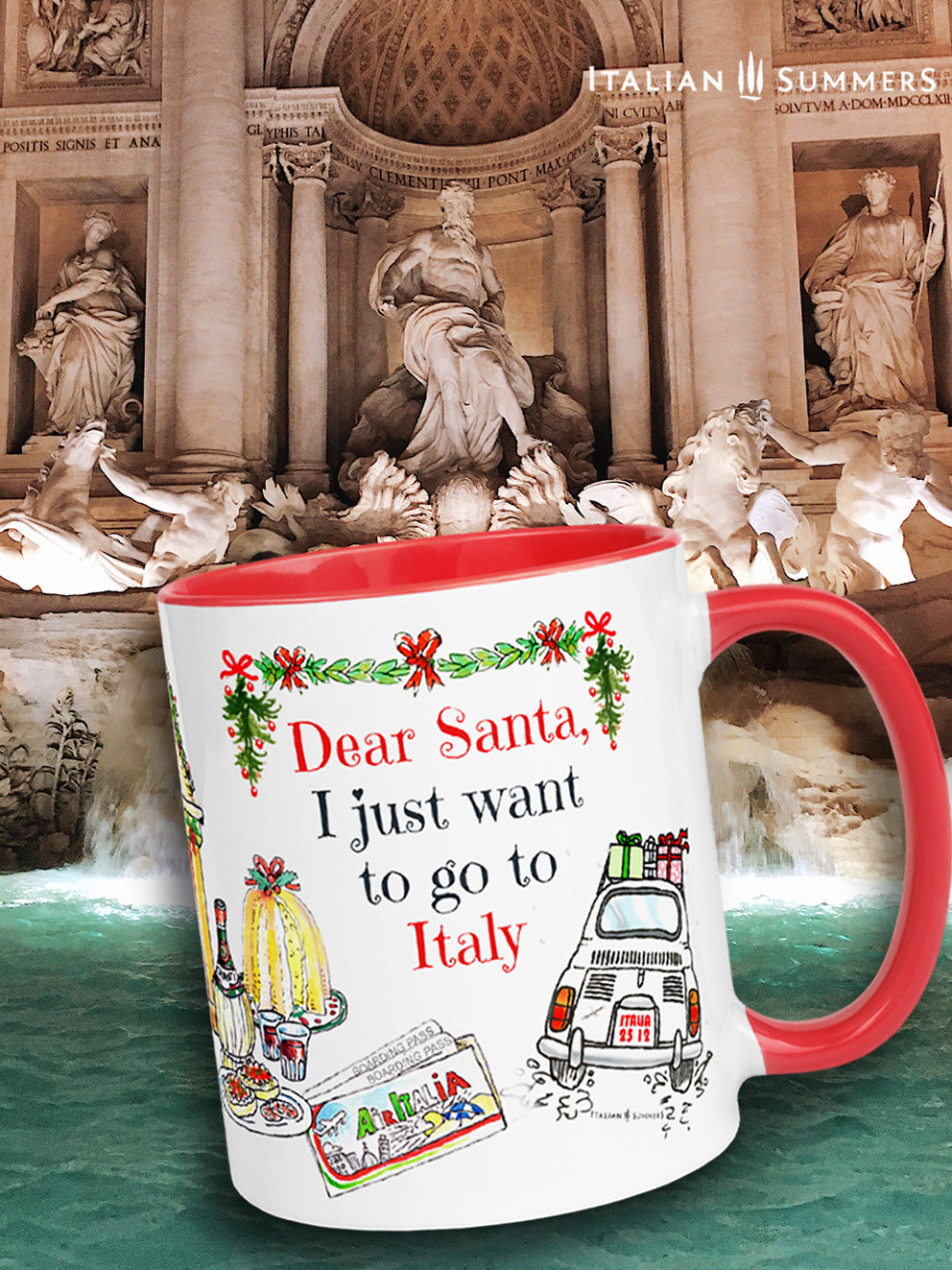 Italy Christmas mug Dear Santa, I just want to go to Italy. This cute mug represents sketches of a vintage Cinquecento seen from the back with presents on the roof, a ticket to Italy, Italian panettone, a book about Italy to cuddle up in front of the fireplace, a flask of good chianti wine, Italian presents and of course our best seller bag "I don't need therapy, I just need to got to Italy". Buon Natale :-)  Made with amore by Italian Summers