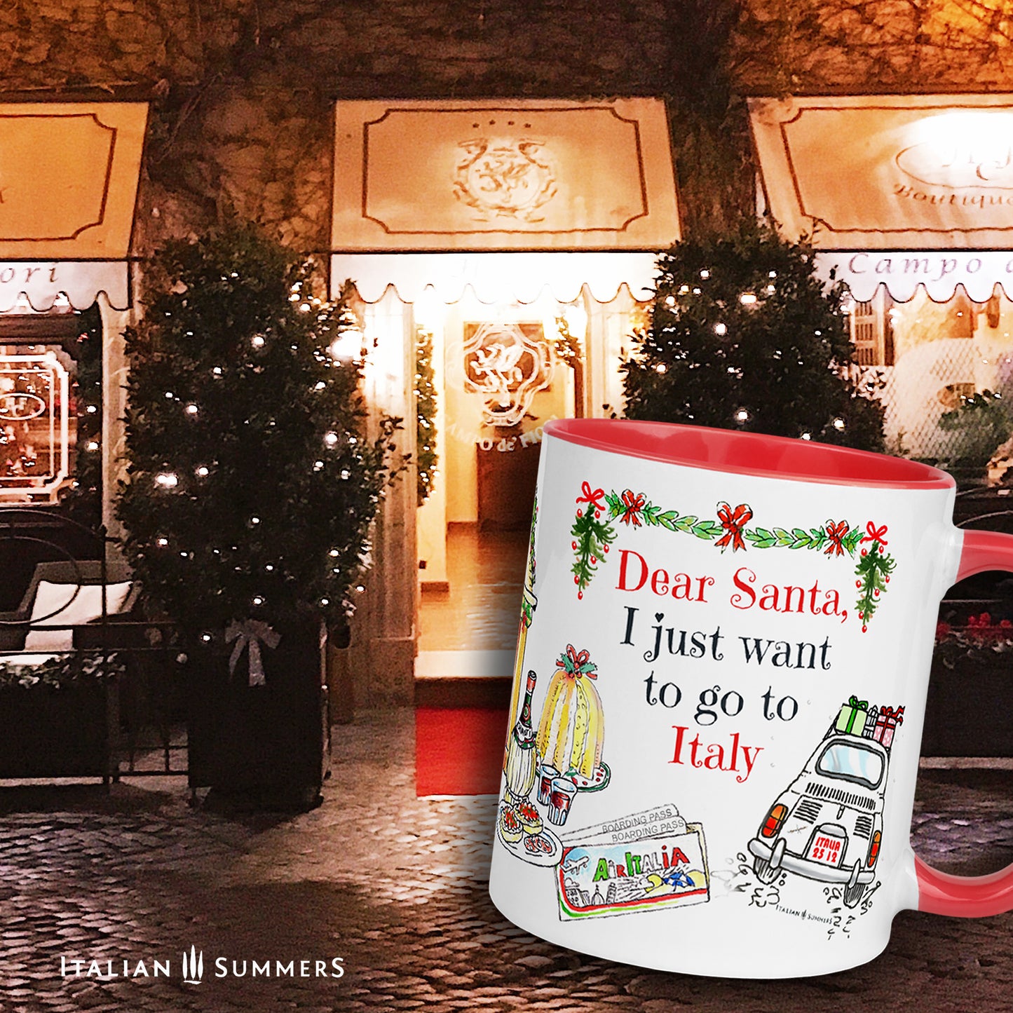 Italy Christmas mug I just want to go to Italy. This cute mug represents sketches of a vintage Cinquecento seen from the back with presents on the roof, a ticket to Italy, Italian panettone, a book about Italy to cuddle up in front of the fireplace, a flask of good chianti wine, Italian presents and of course our best seller bag "I don't need therapy, I just need to got to Italy". Buon Natale :-) Made with amore by Italian Summers